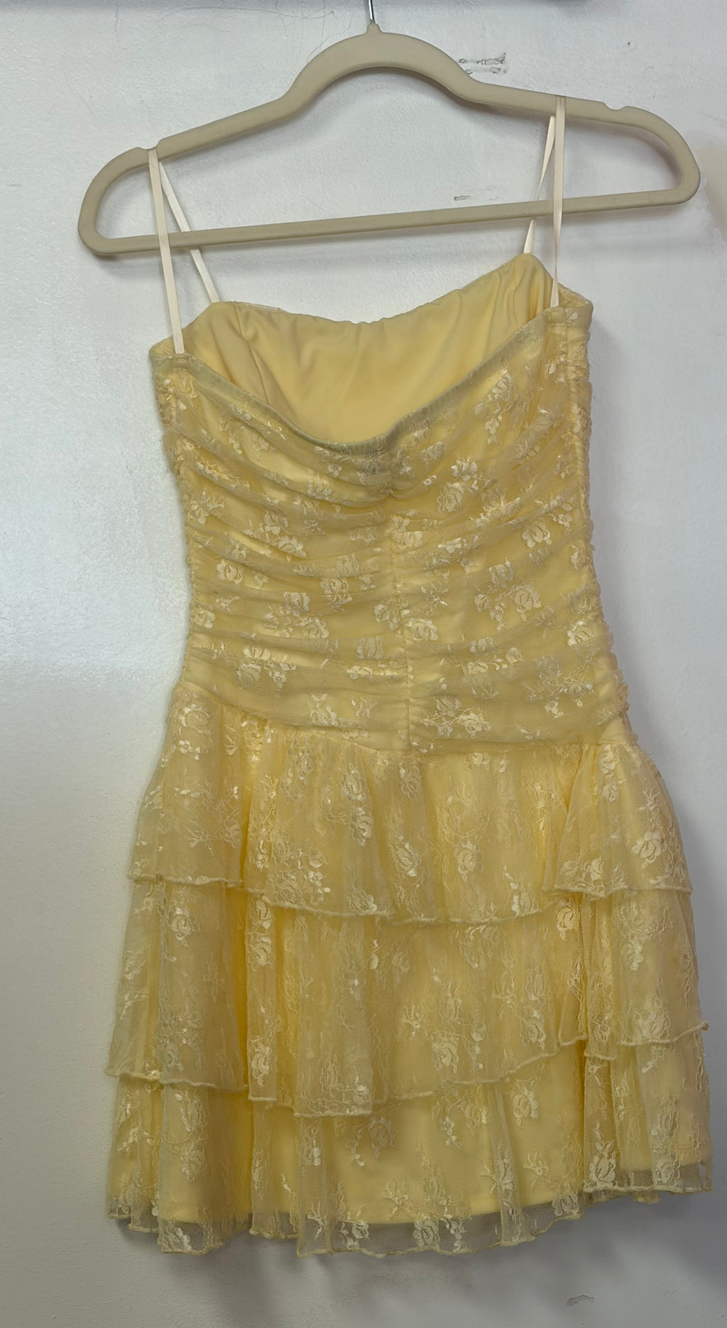 Windsor Yellow Lace Ruched Tiered Ruffle Mini Dress