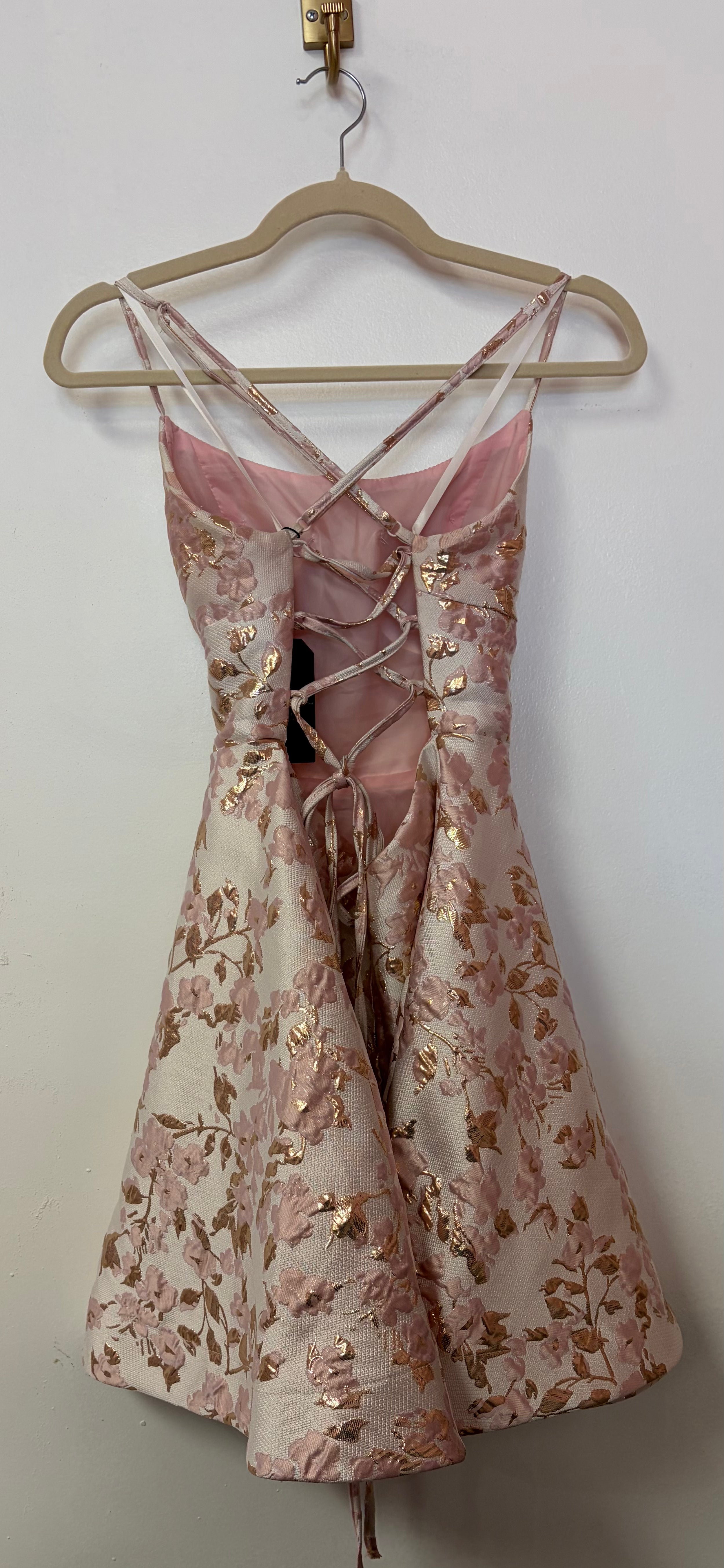 B Darlin Blush Pink Floral Jacquard Homecoming Dress with Rose Gold Metallic Details