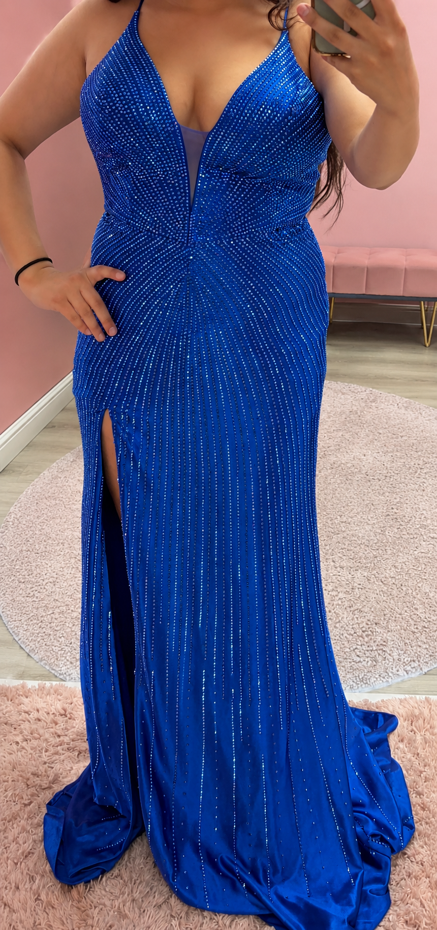 LaDivine CB163 Royal Blue Satin Gown with Crystal Waterfall Detail by
