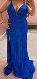 LaDivine CB163 Royal Blue Satin Gown with Crystal Waterfall Detail by