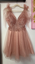 Cinderella Divine Blush Beaded Tulle Homecoming Dress with Bow Sleeves (Altered to Medium)