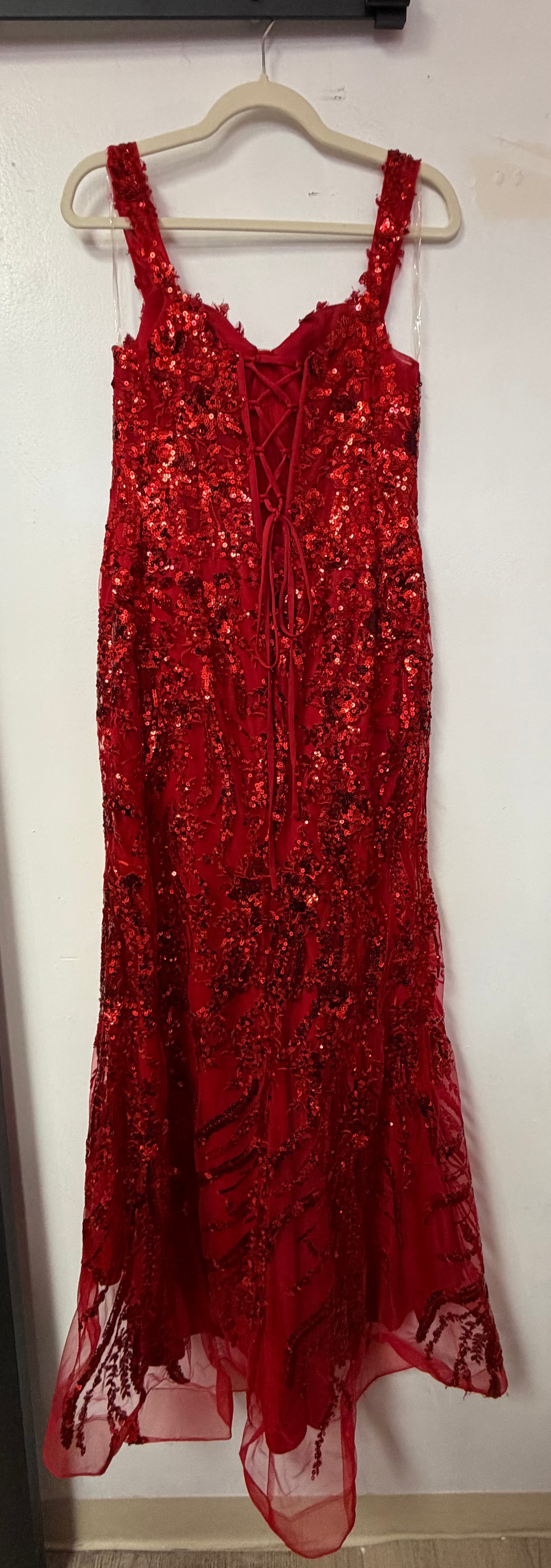 Stacees Red Sequin Lace-Up Mermaid Formal Gown