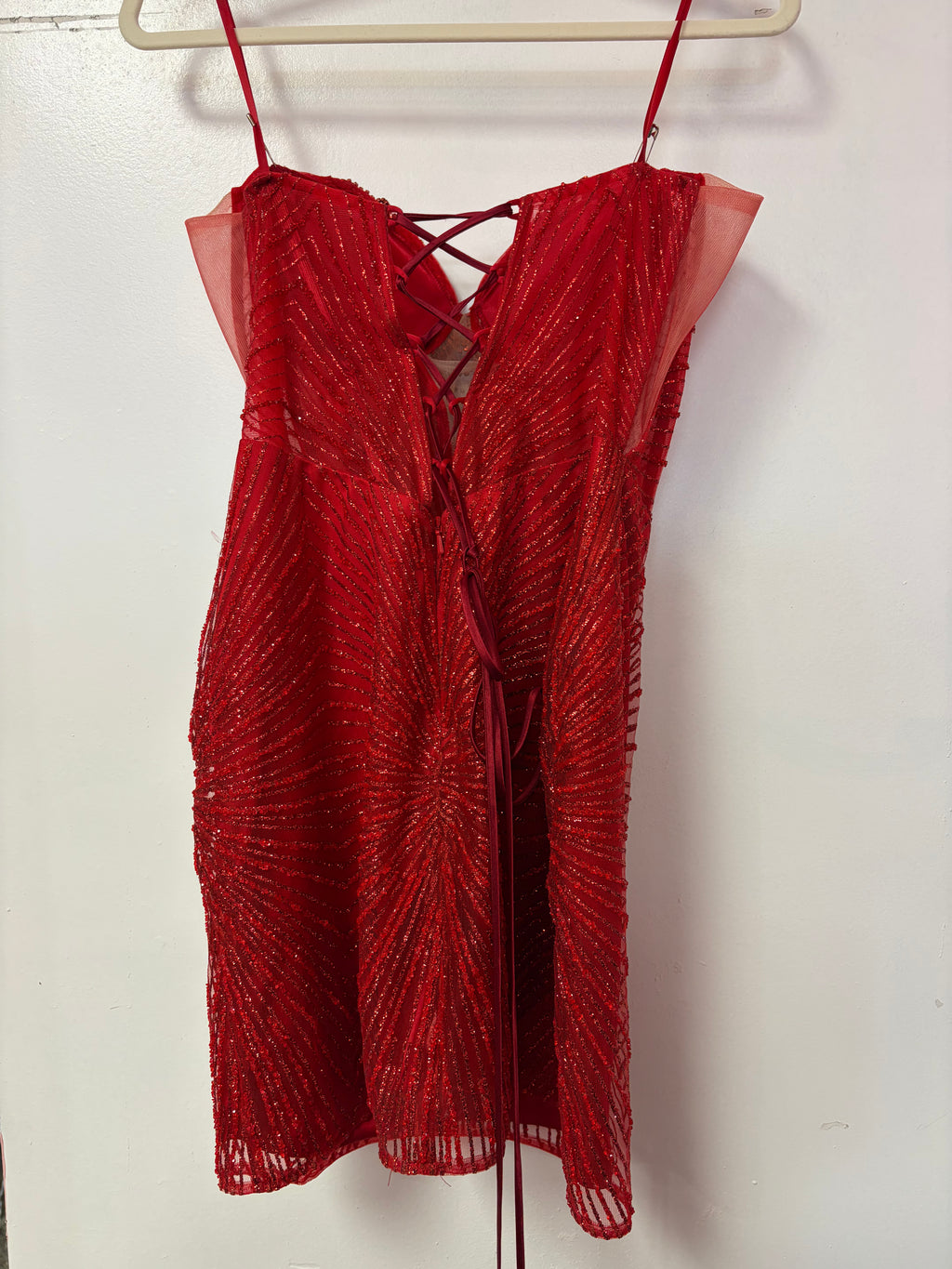 Ladivine J879 Red Beaded Strapless Homecoming Dress