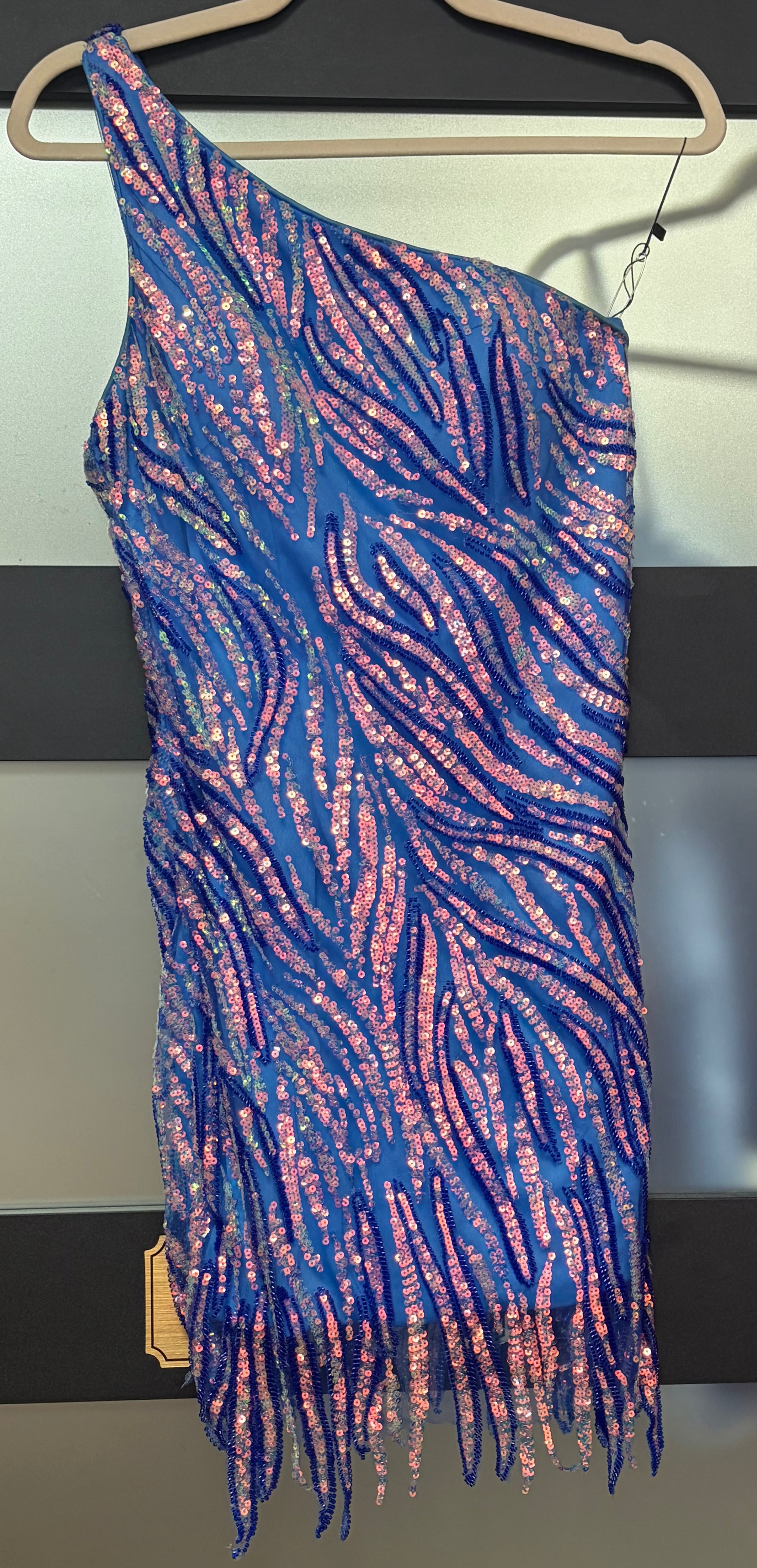 Kiss Prom Blue & Pink Sequin One-Shoulder Mini Dress