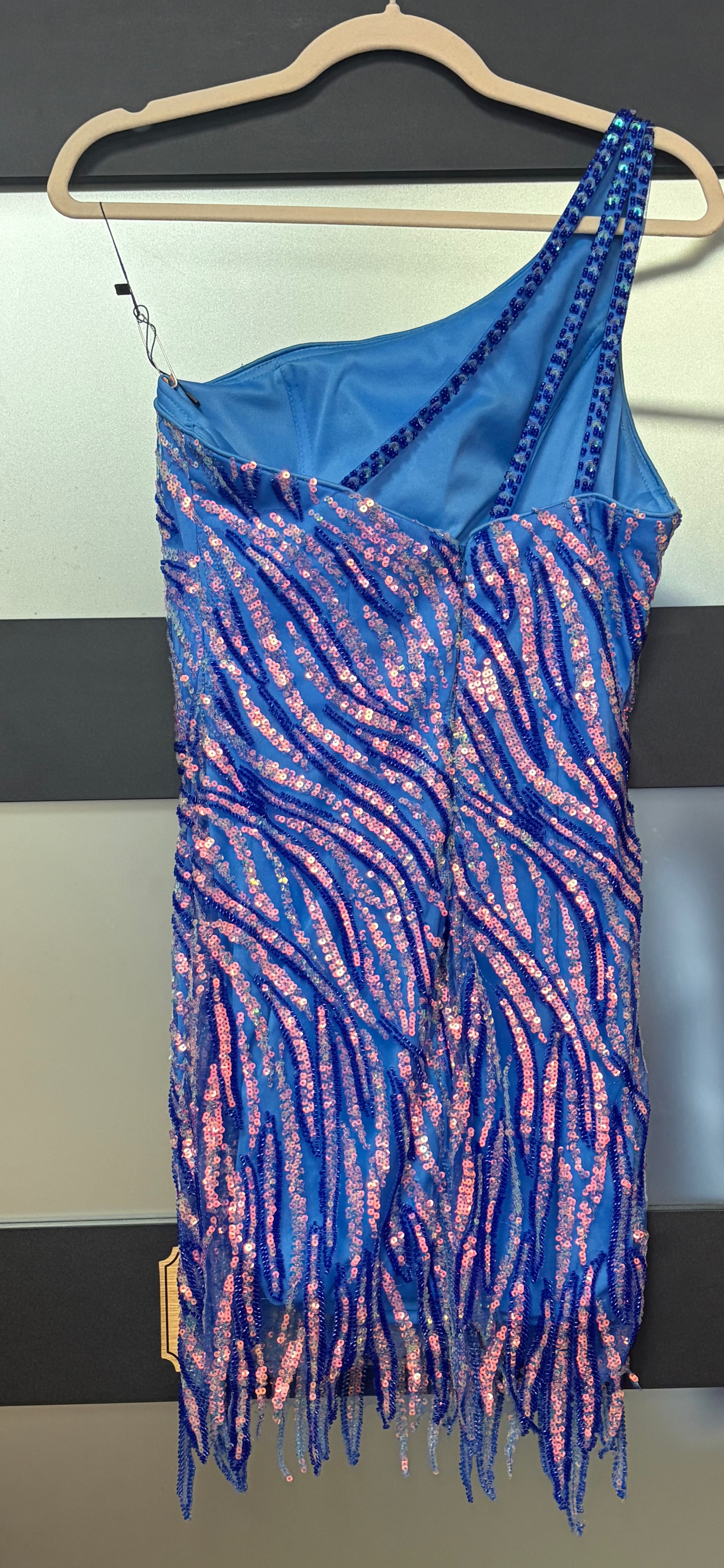 Kiss Prom Blue & Pink Sequin One-Shoulder Mini Dress