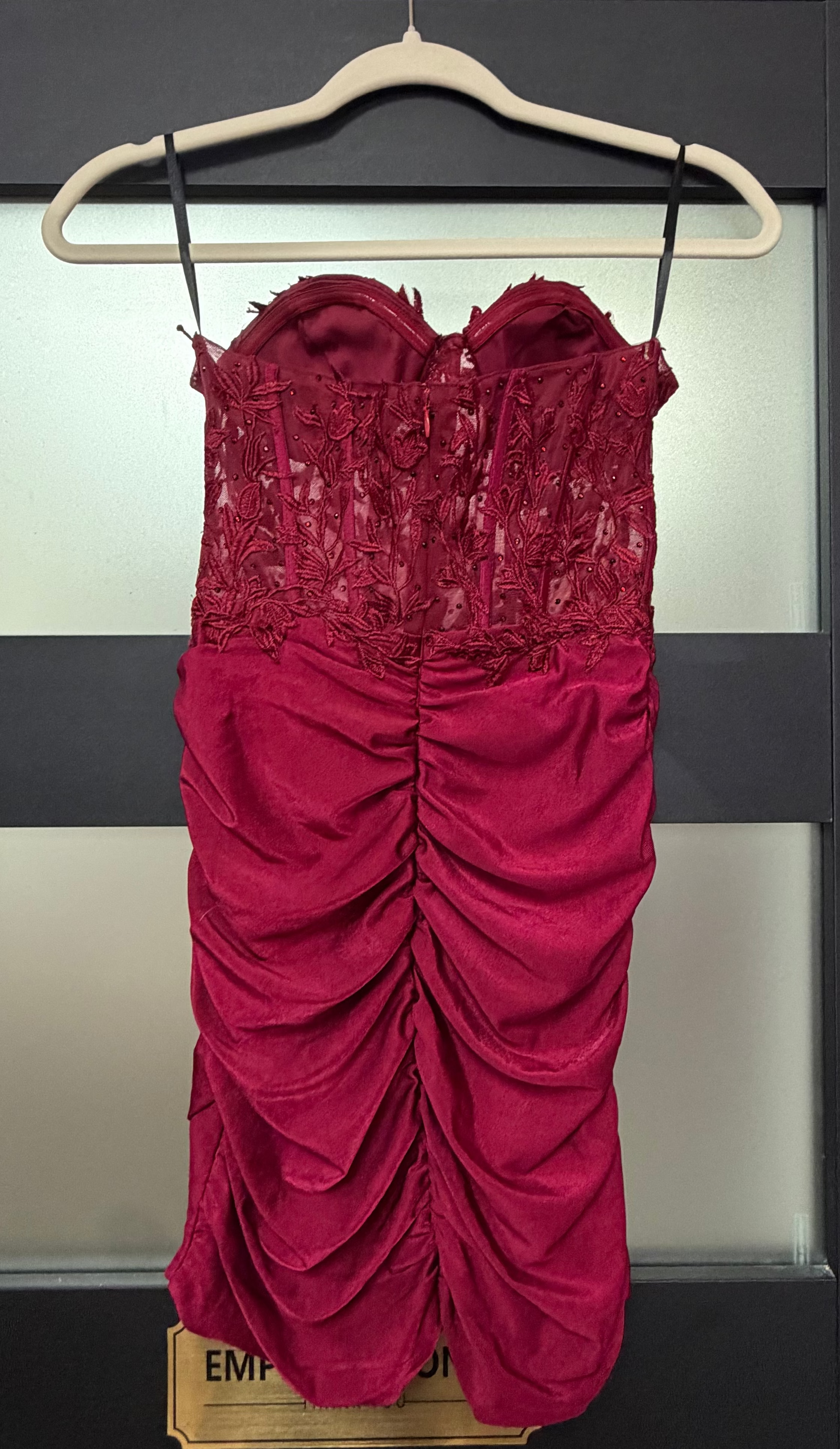 Stacees Burgundy Lace Corset Ruched Mini Dress