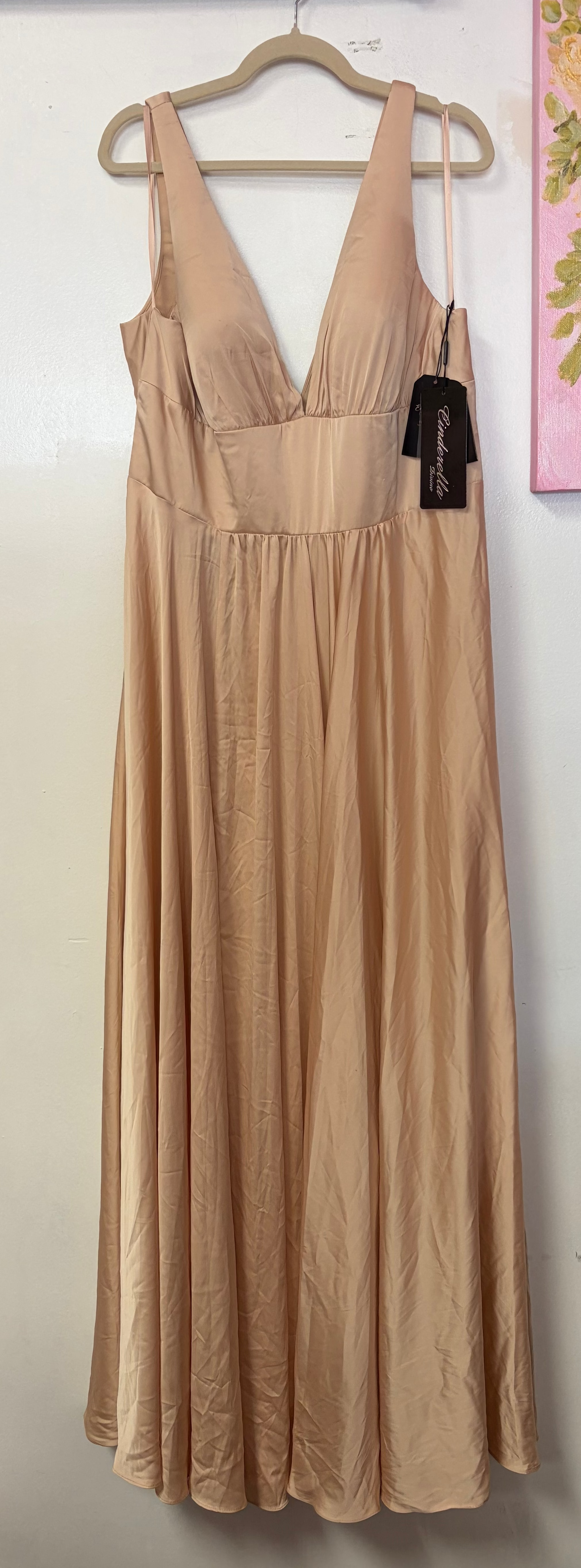 Cinderella Divine 7469 Nude Satin Plunge-Neck A-Line Gown