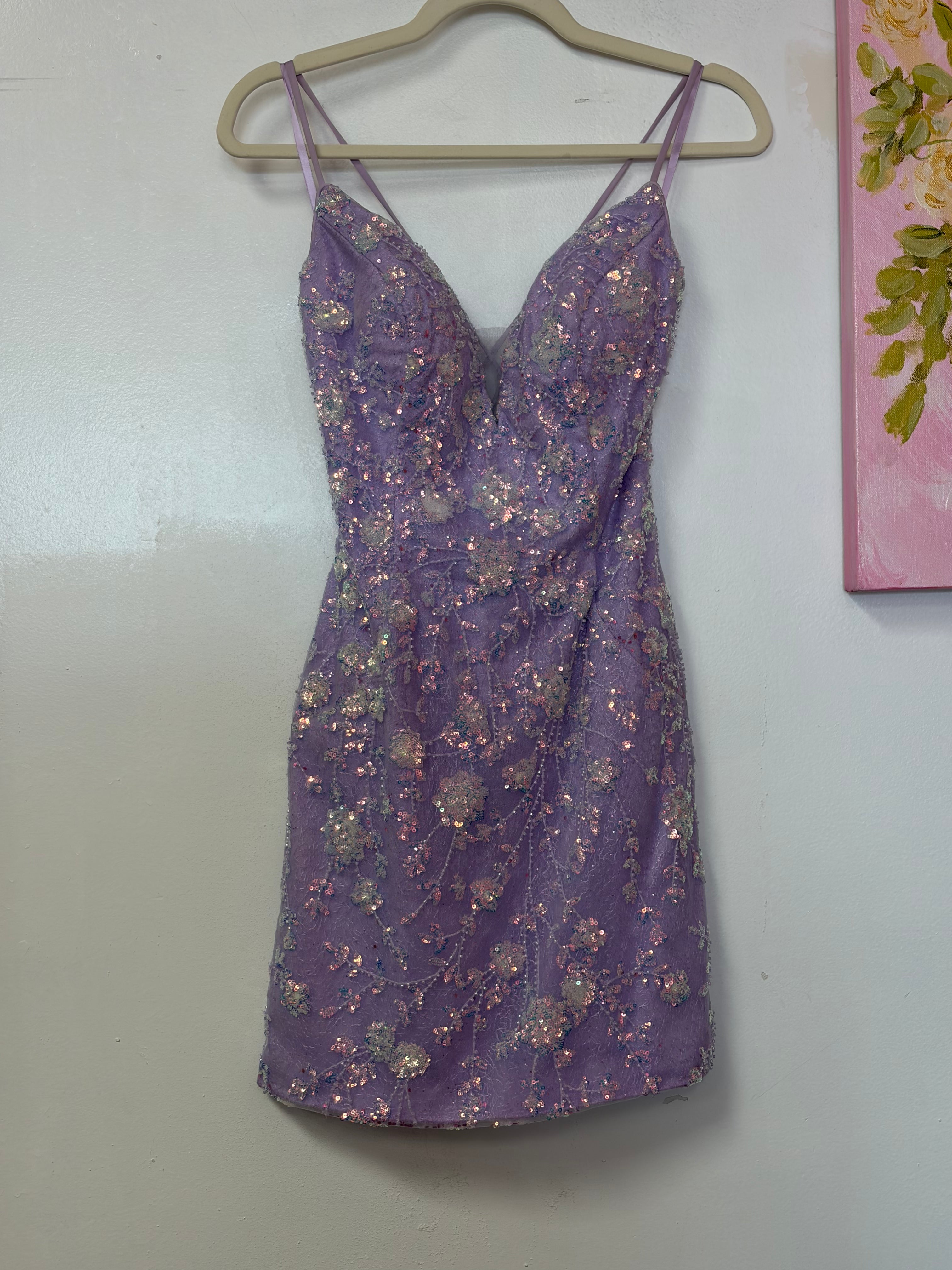 Nox Anabel Lilac Iridescent Floral Sequin & Beaded Lace-Up Back Mini Dress