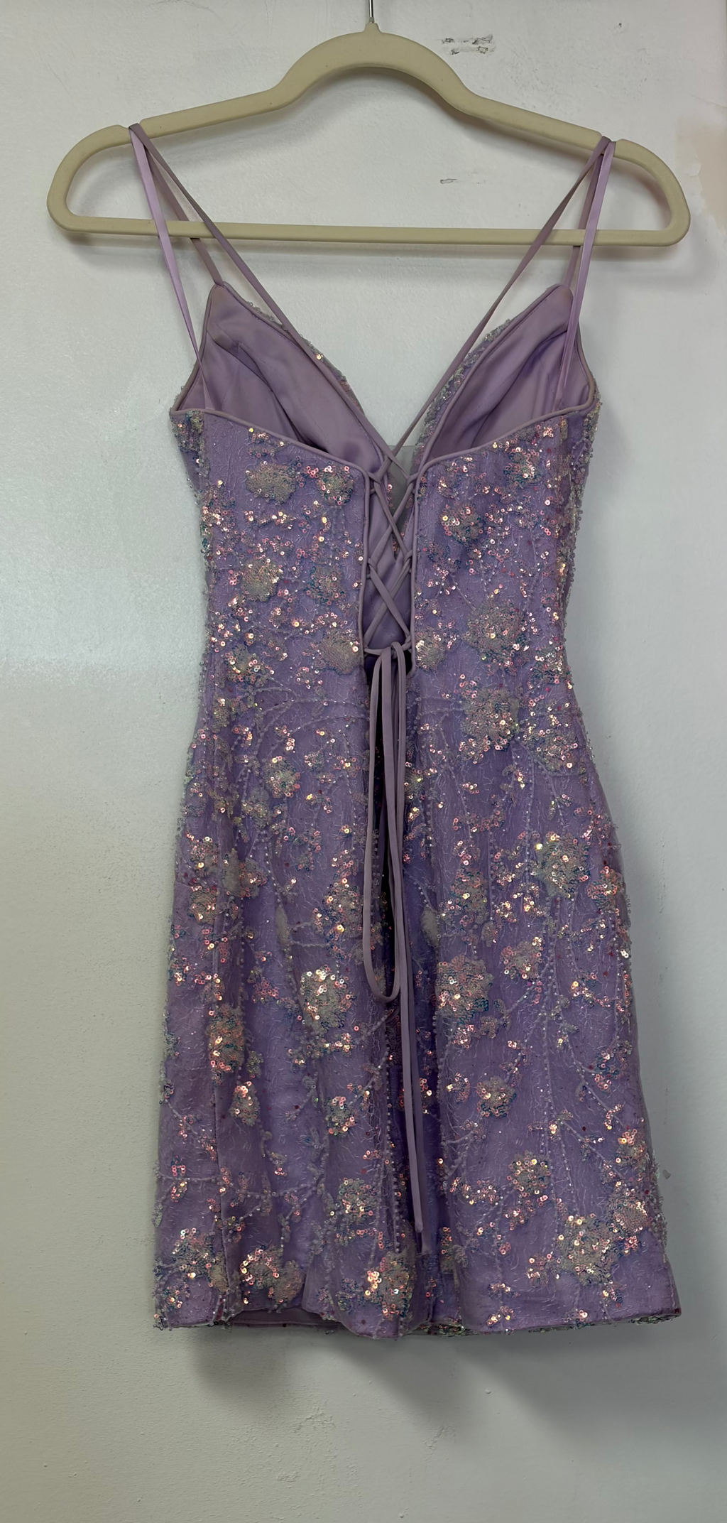 Nox Anabel Lilac Iridescent Floral Sequin & Beaded Lace-Up Back Mini Dress