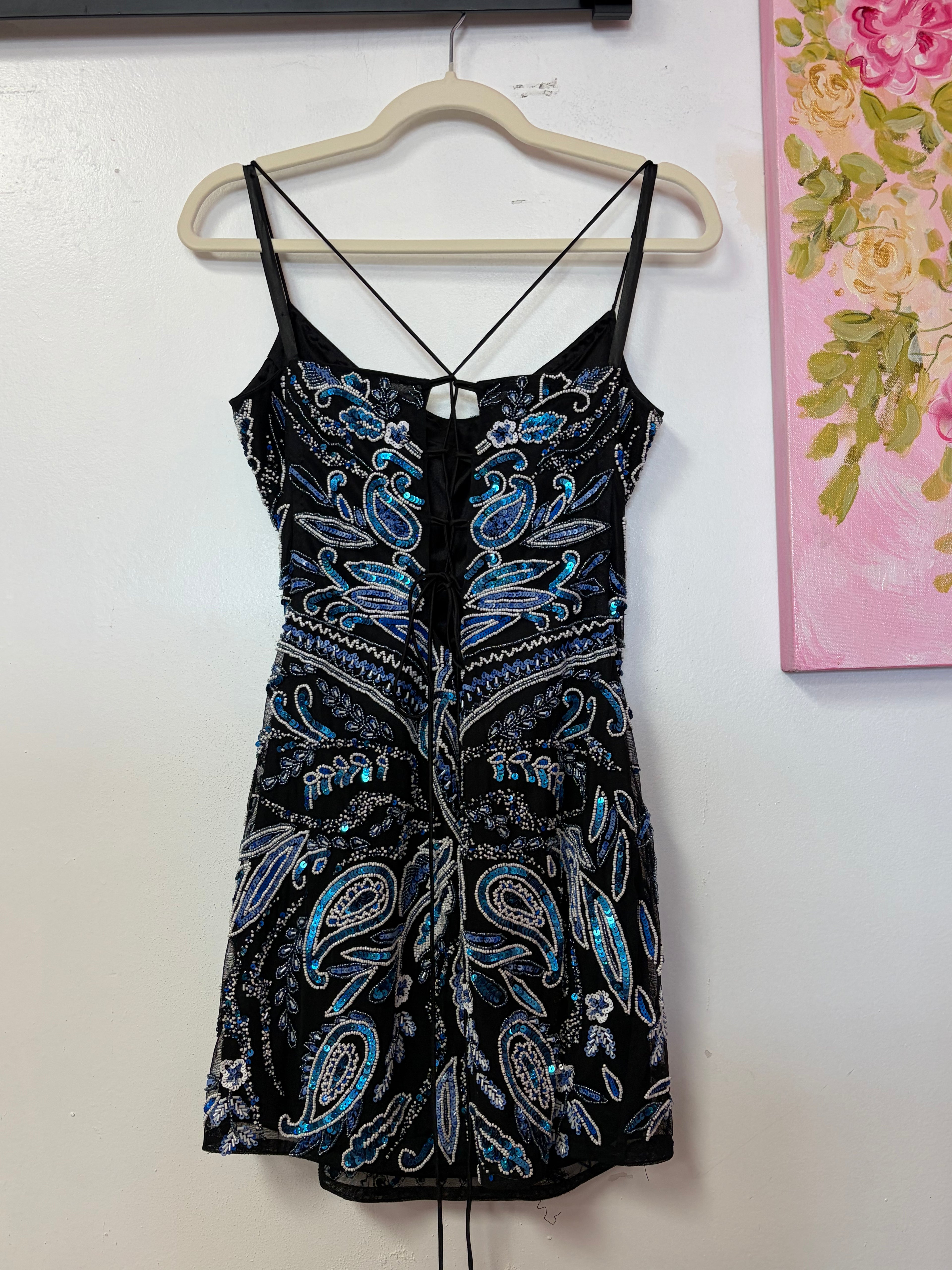 Primavera Couture 4442 Black, Blue & Silver Beaded Lace-Up Cocktail Dress