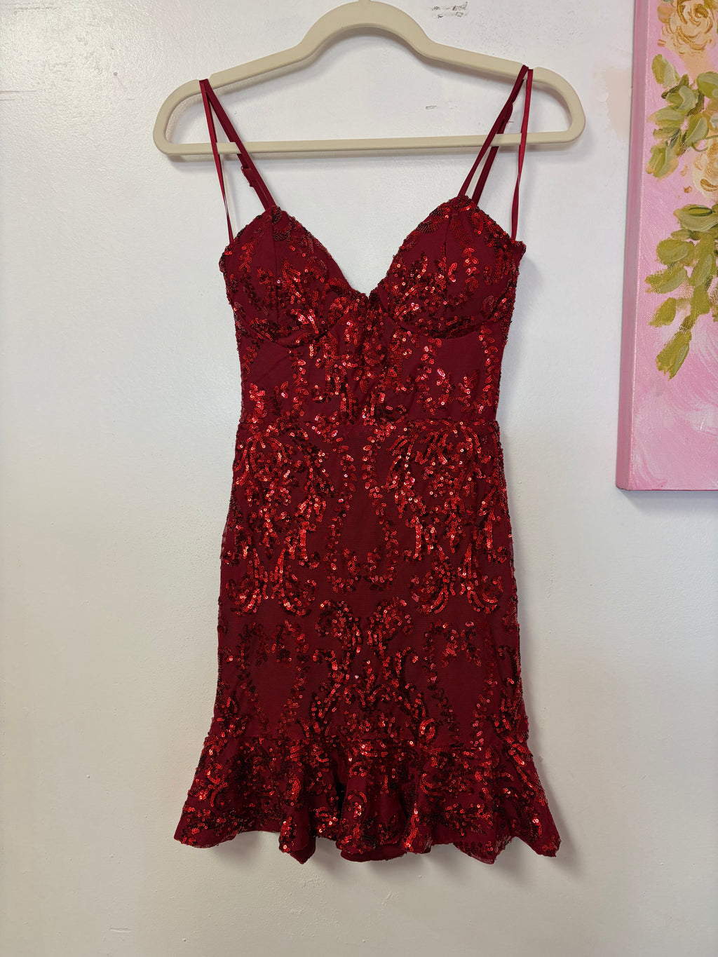 Windsor Red Sequin Corset Mini Dress with Ruffle Hem