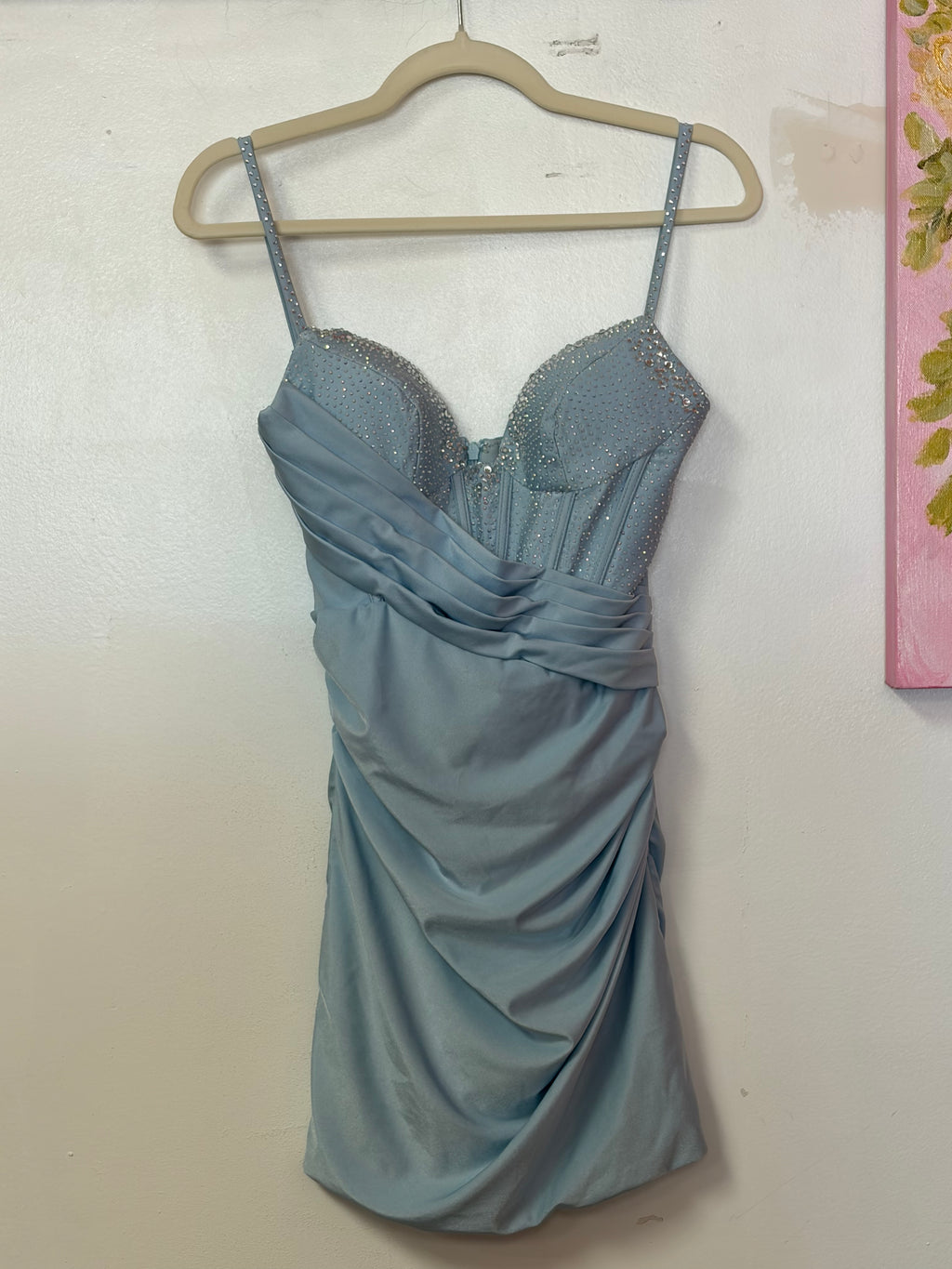 Ice Blue Rhinestone Corset Ruched Satin Mini Dress