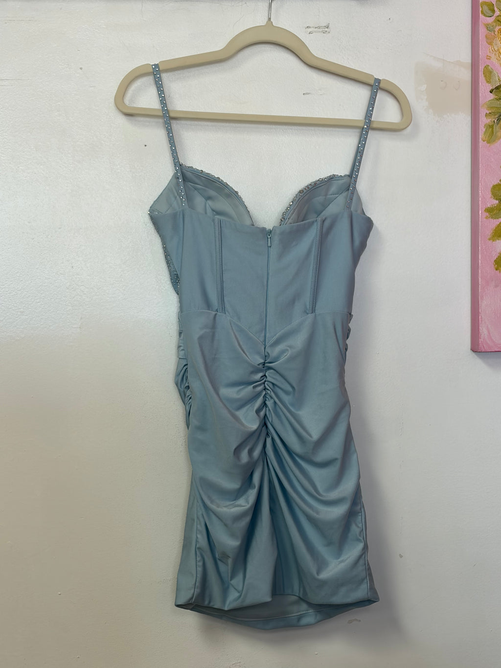 Ice Blue Rhinestone Corset Ruched Satin Mini Dress