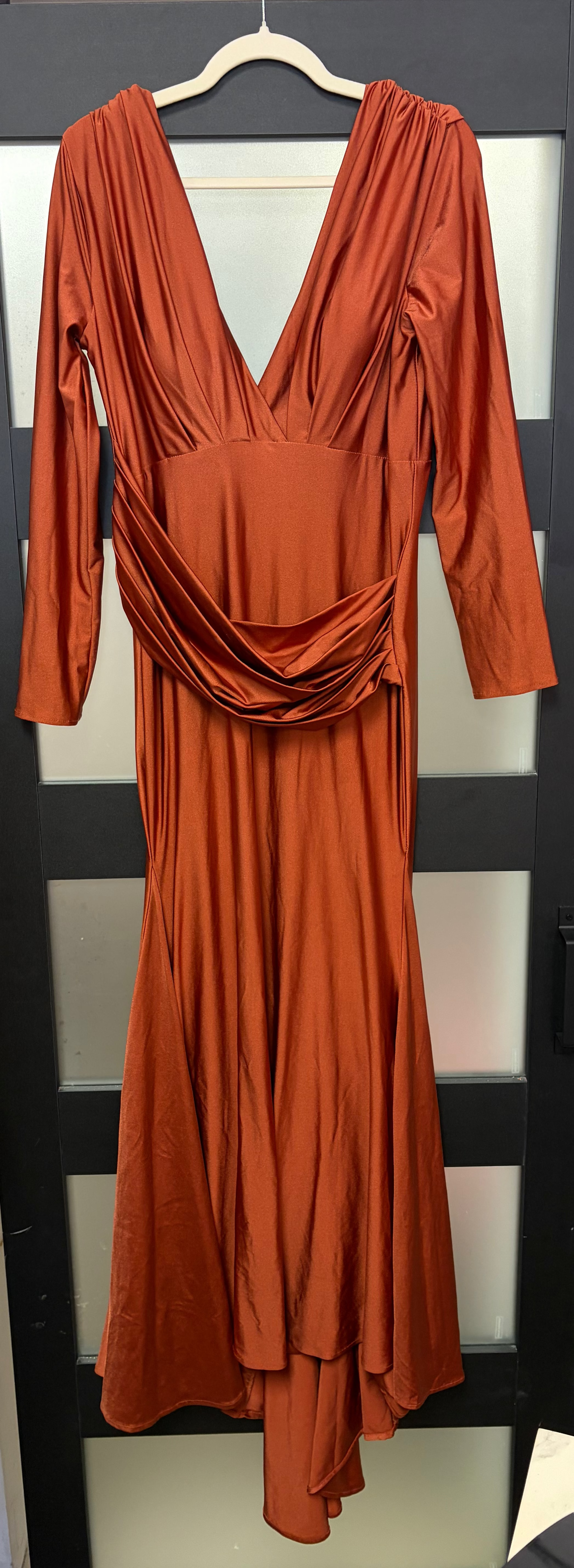 Amelia Couture 381 Burnt Orange Draped Long-Sleeve Formal Gown