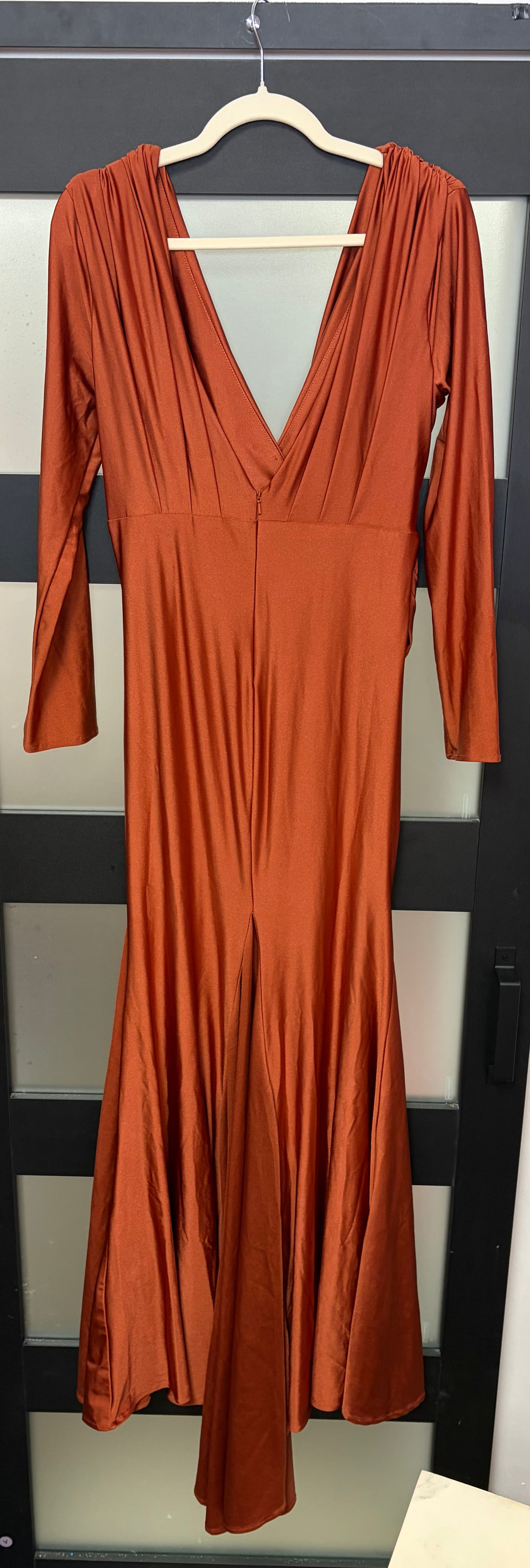 Amelia Couture 381 Burnt Orange Draped Long-Sleeve Formal Gown