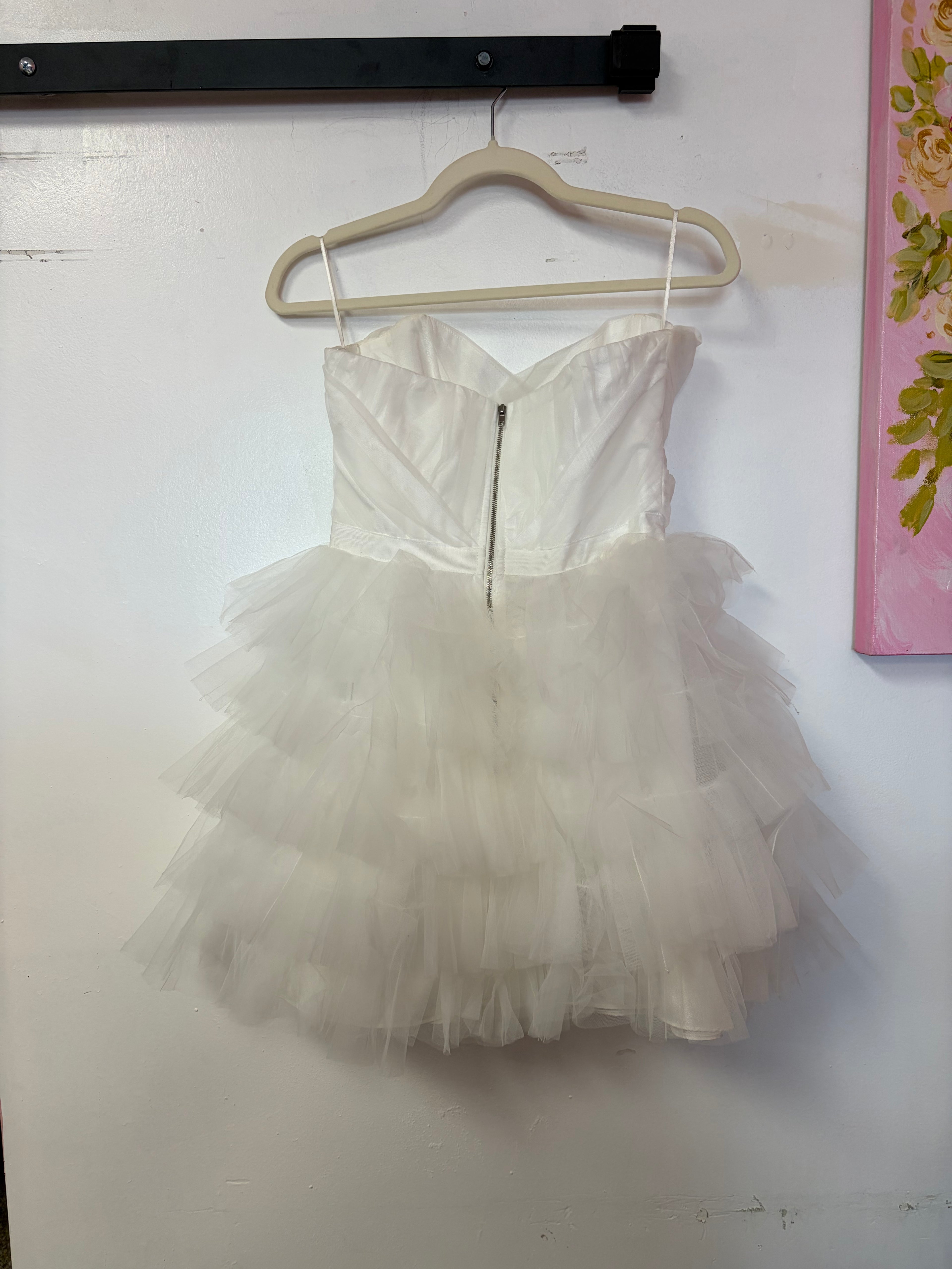 LUXXEL White Tiered Tulle Mini Dress
