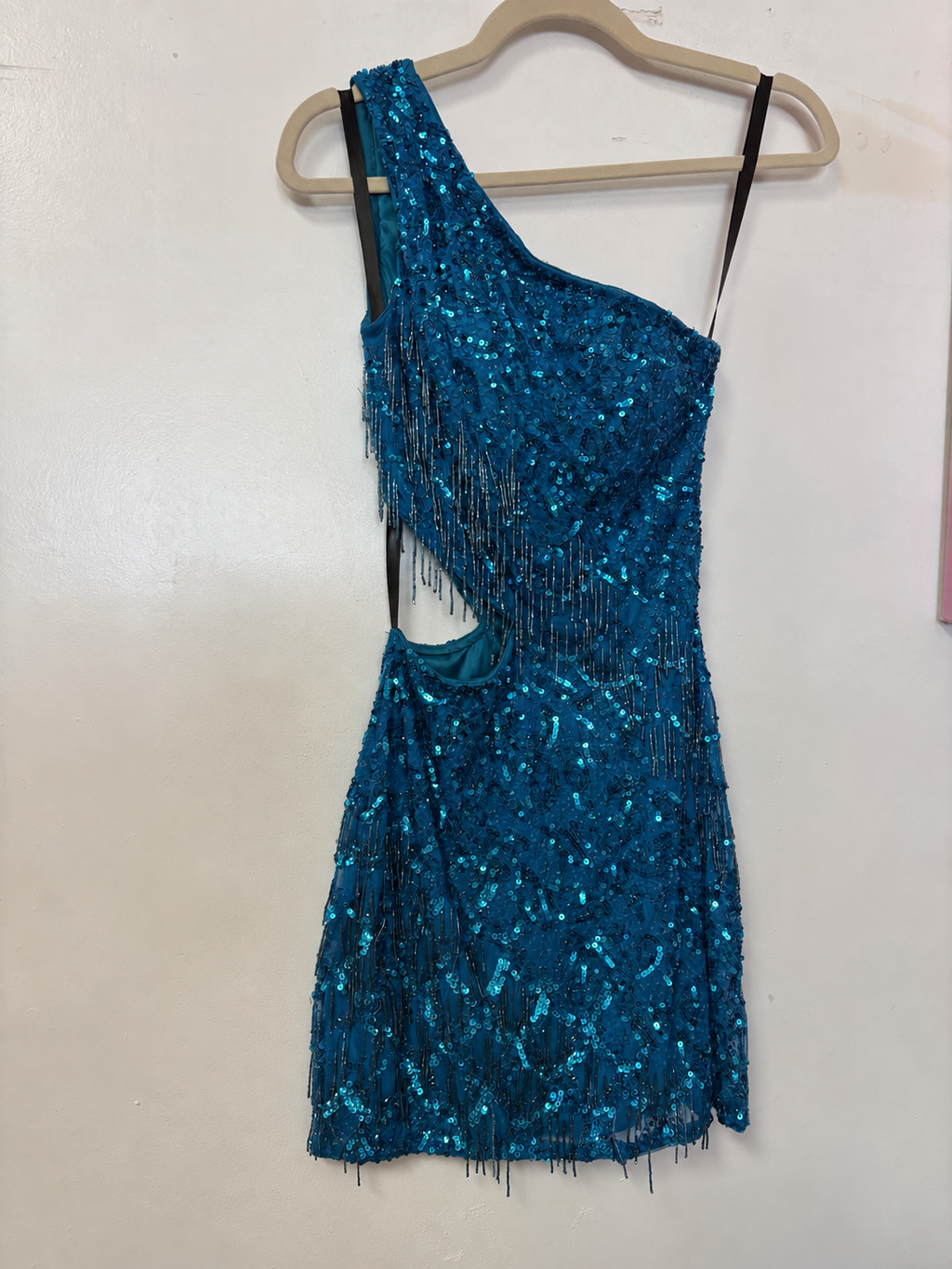 Primavera Couture 3836 Teal One-Shoulder Sequin Fringe Dress