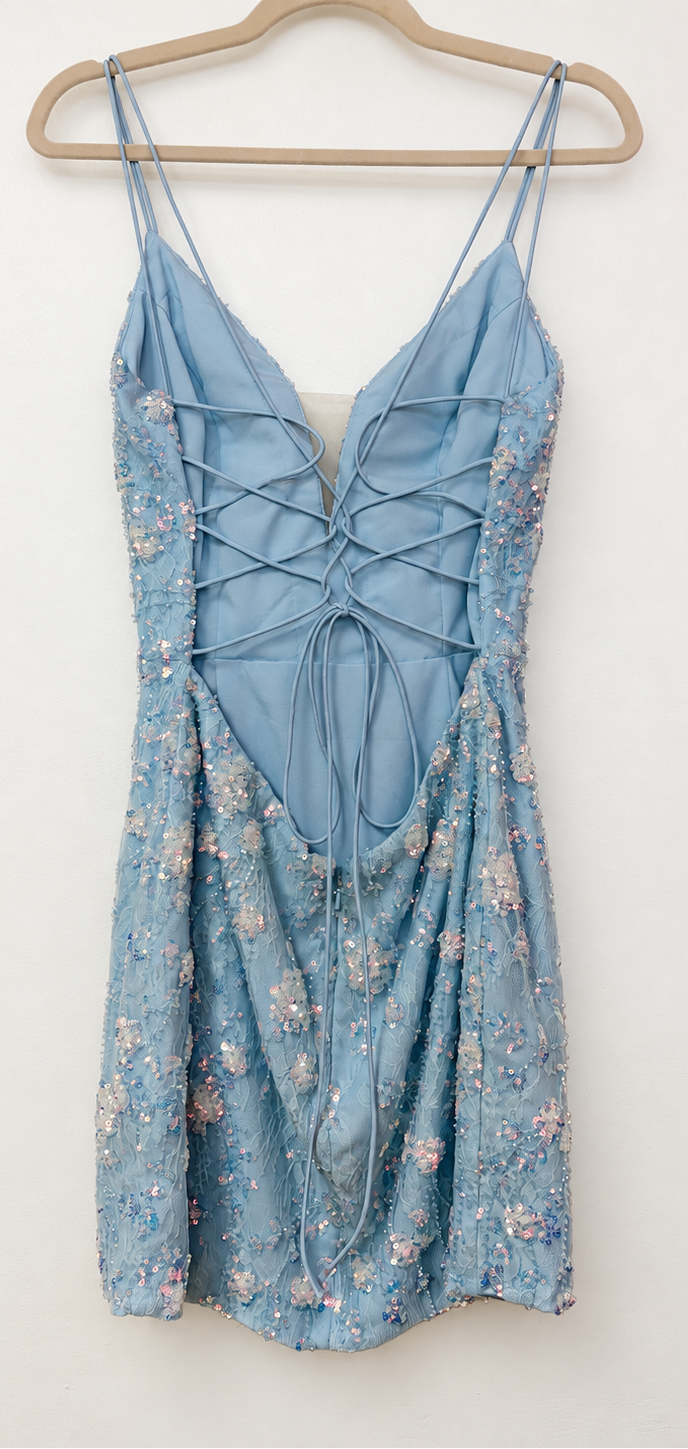 Amarra 87129 Dusty Blue Sequin Lace Mini Dress