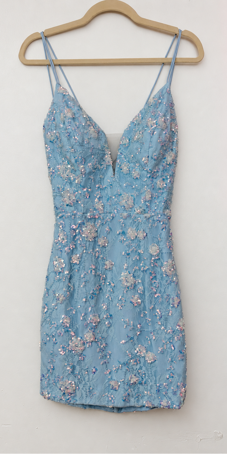 Amarra 87129 Dusty Blue Sequin Lace Mini Dress