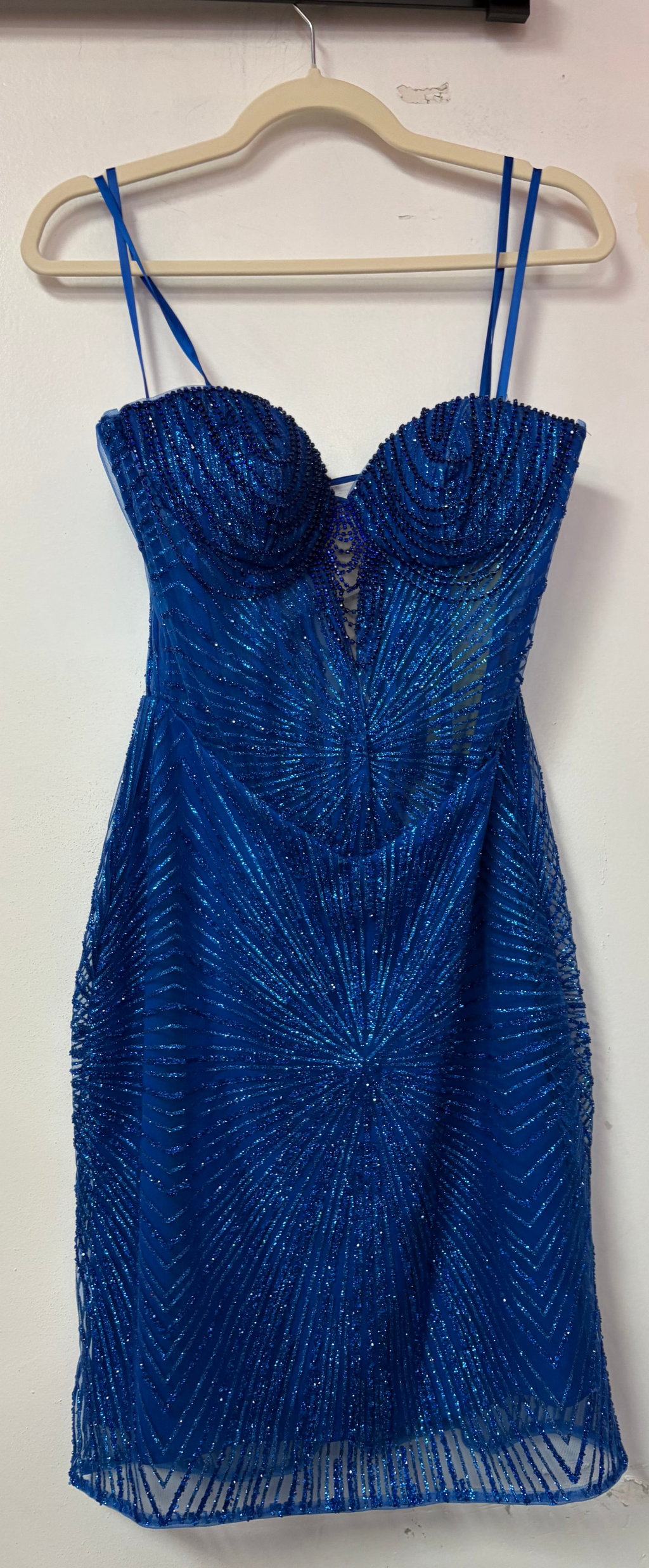 May Queen MQ2232 Royal Blue Beaded Corset Mini Dress