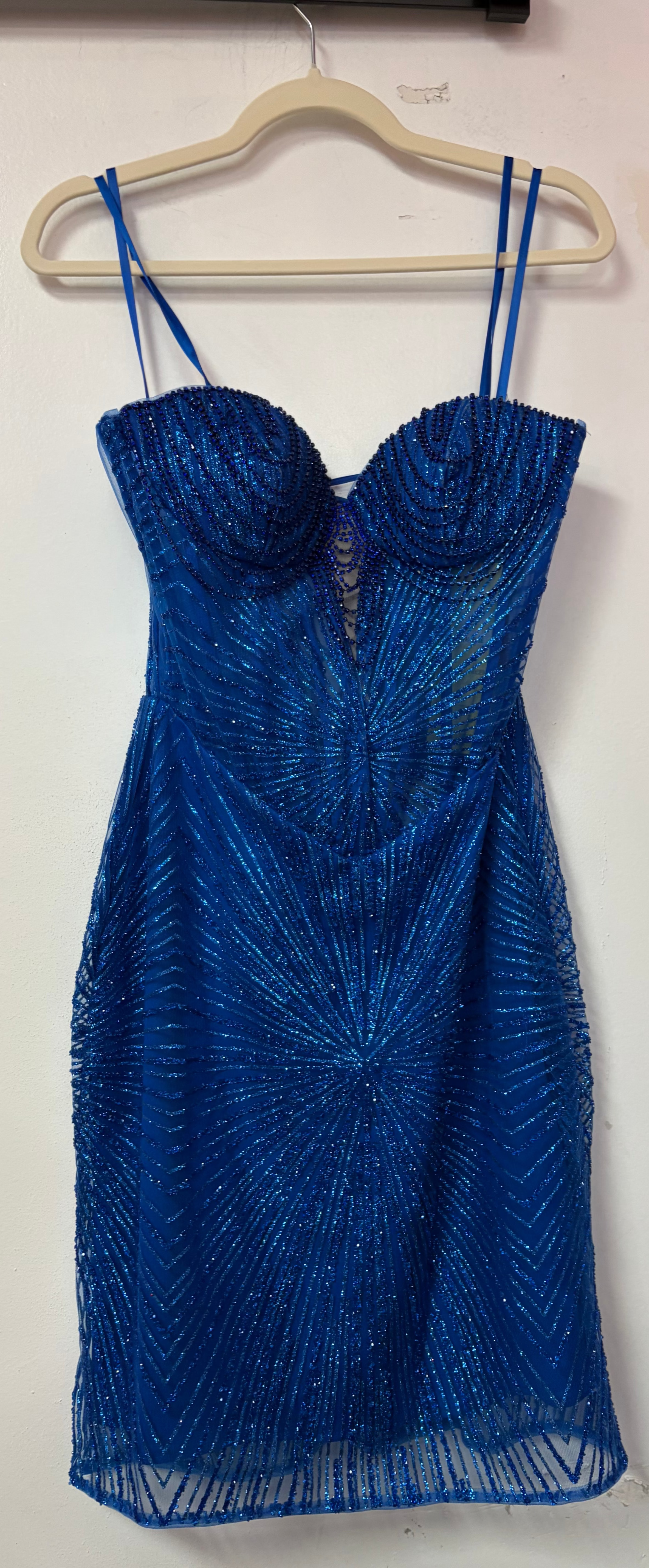 May Queen MQ2232 Royal Blue Beaded Corset Mini Dress