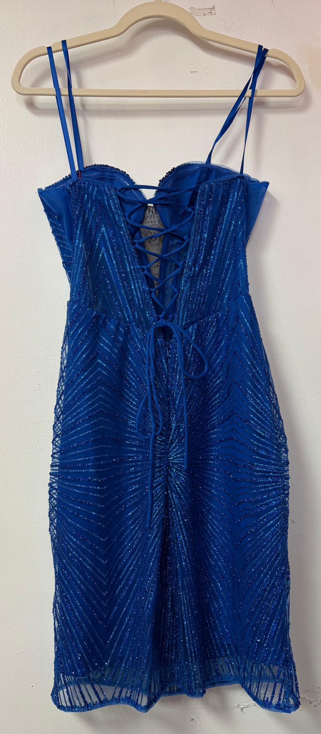 May Queen MQ2232 Royal Blue Beaded Corset Mini Dress