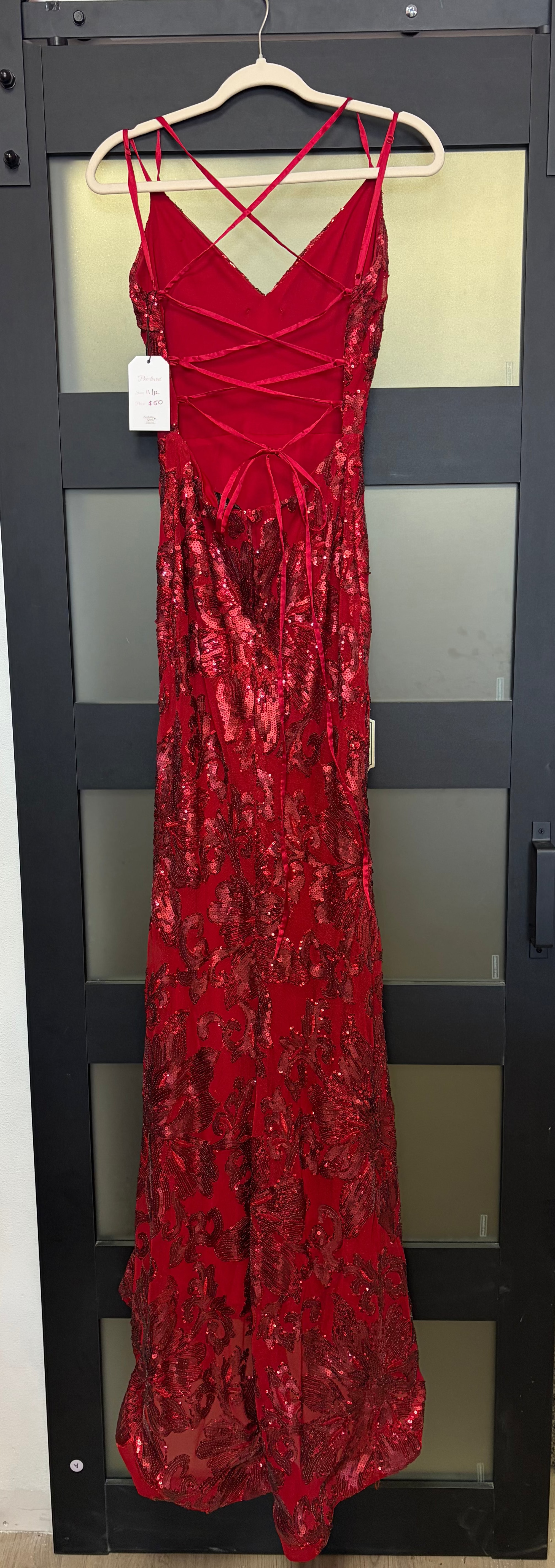 B Darlin Crimson Sequin Lace-Up Mermaid Gown