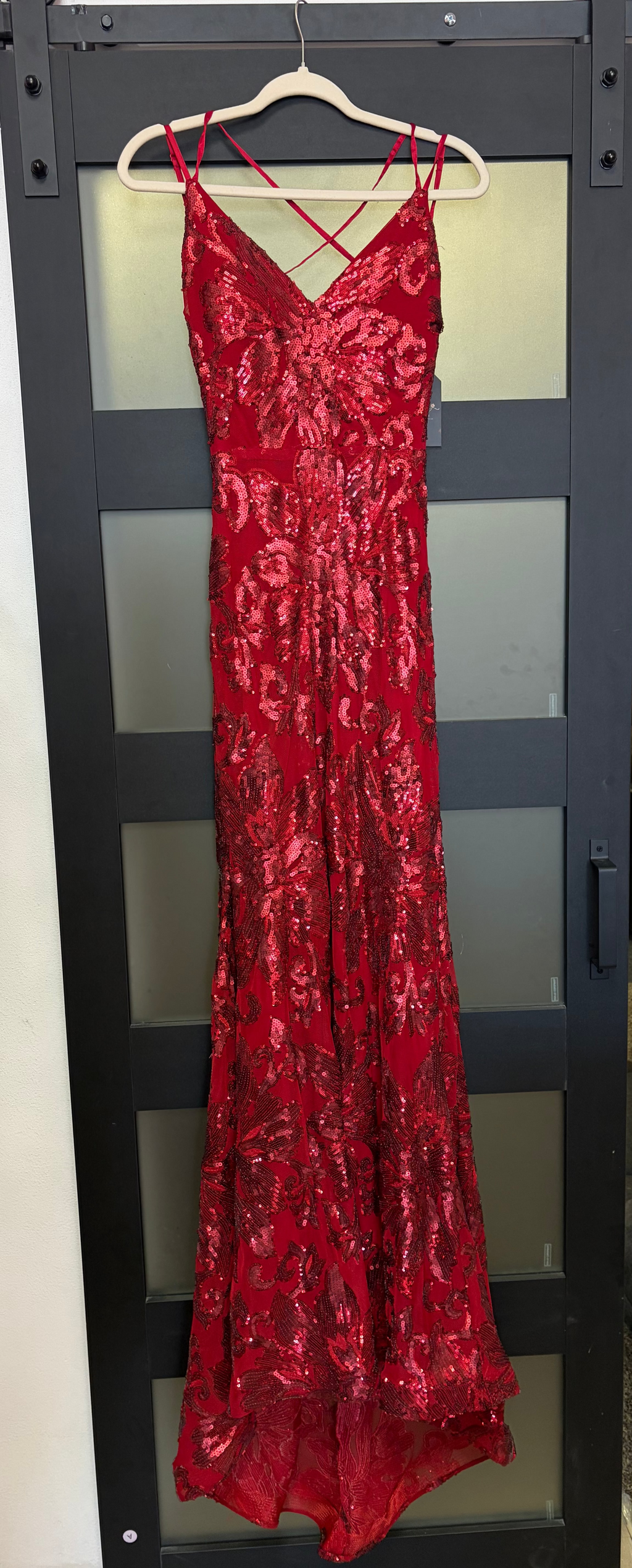 B Darlin Crimson Sequin Lace-Up Mermaid Gown