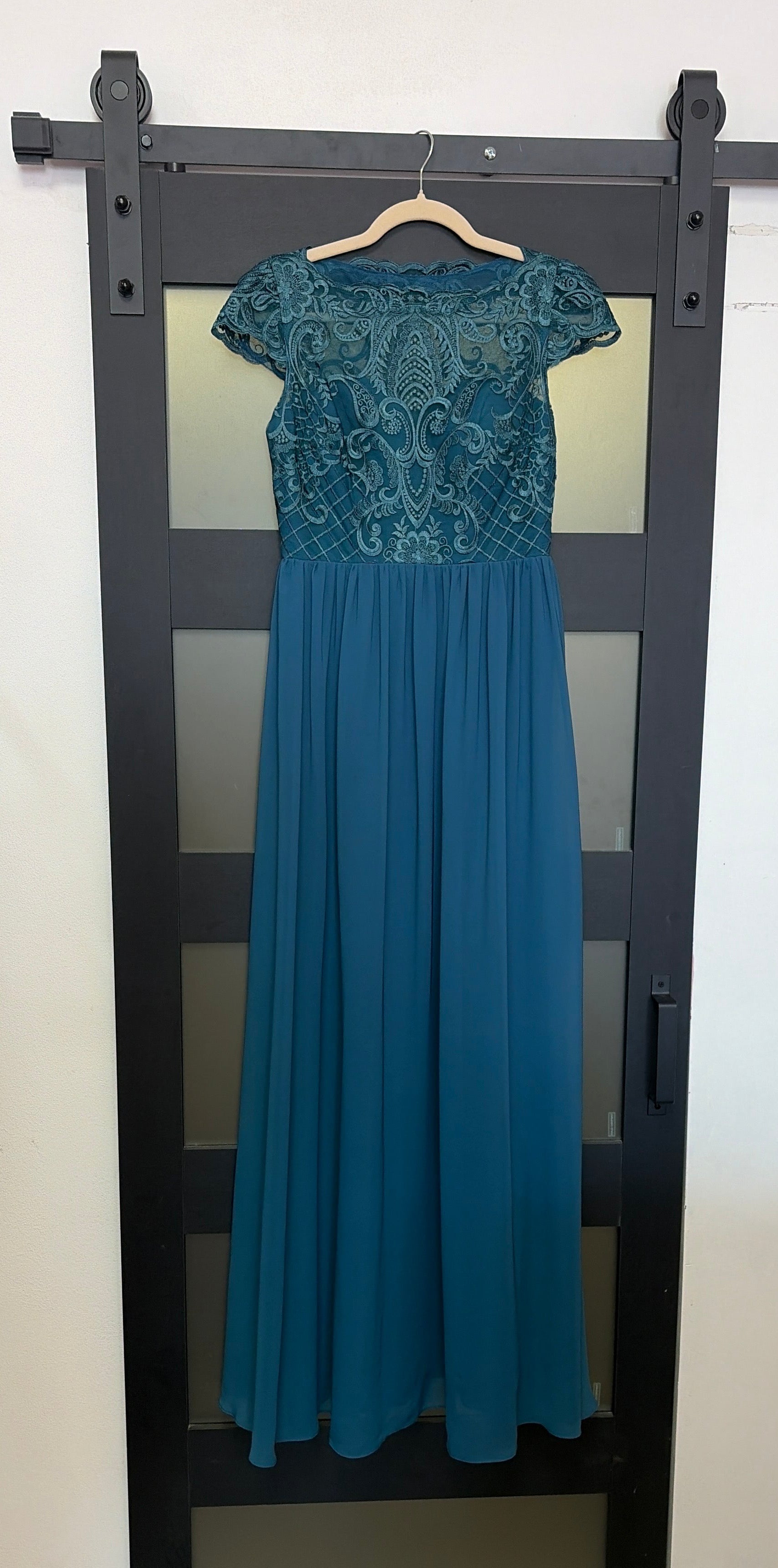 JJ’s House Teal Embroidered Chiffon Evening Gown