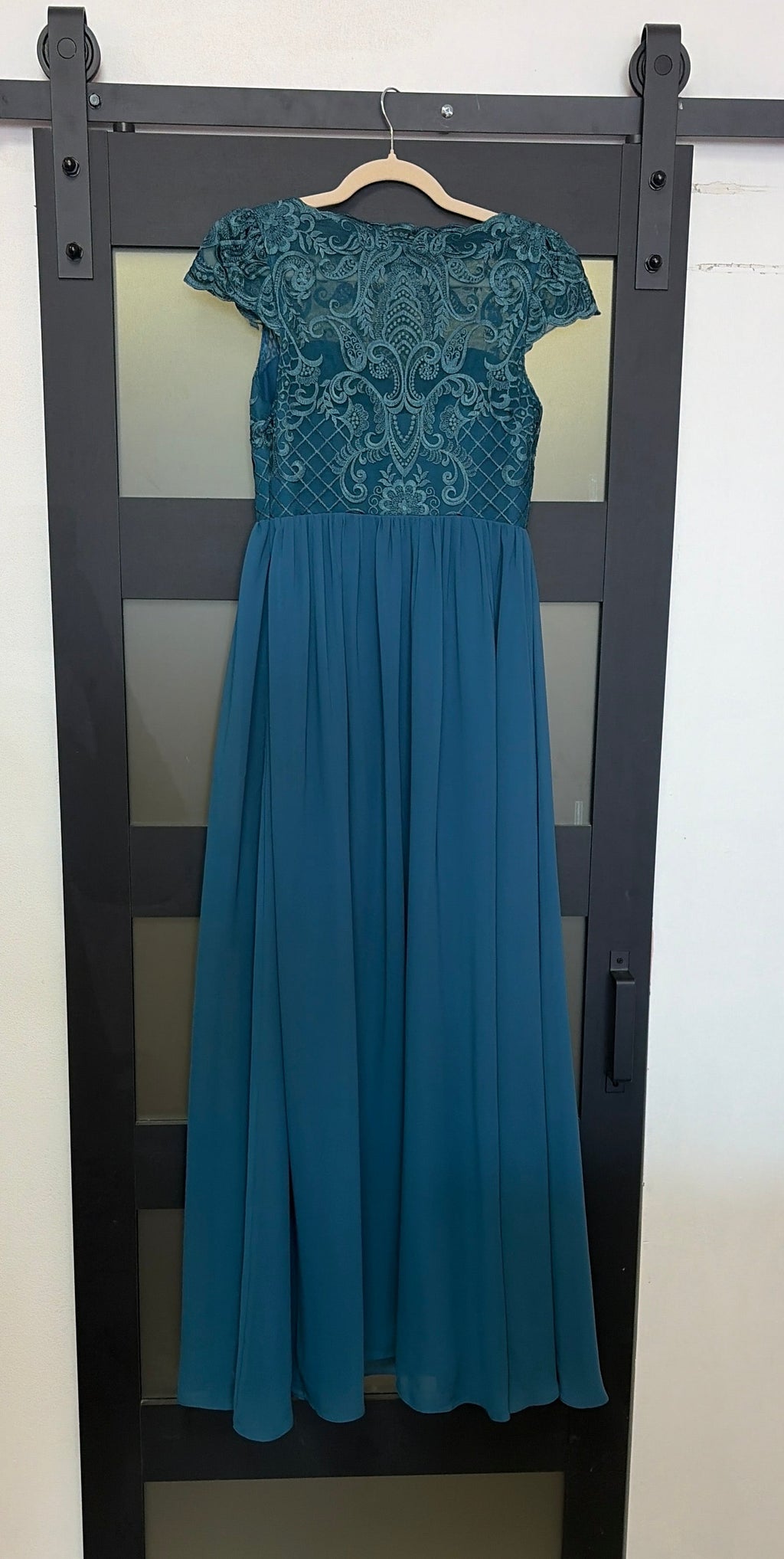 JJ’s House Teal Embroidered Chiffon Evening Gown