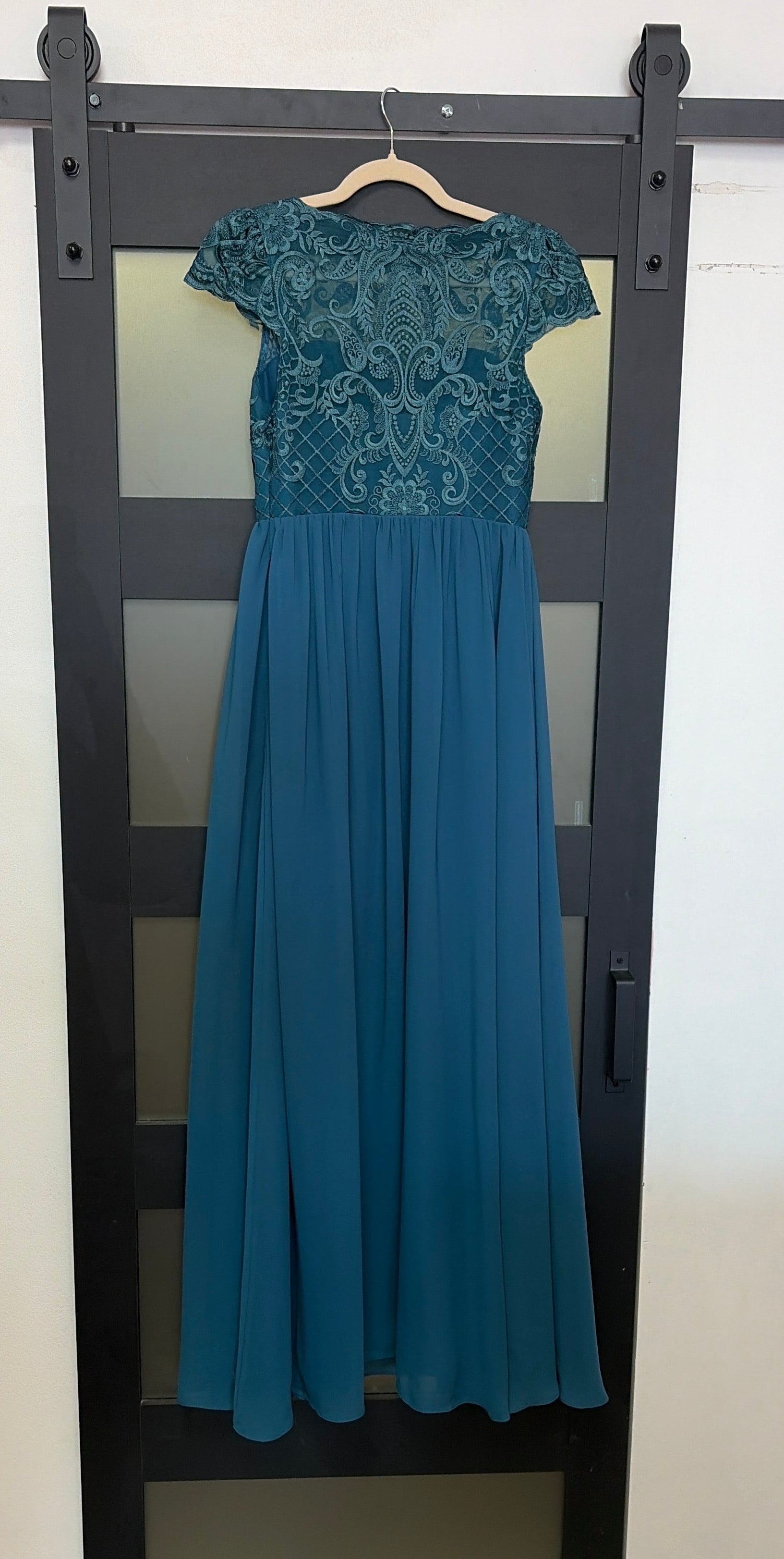 JJ’s House Teal Embroidered Chiffon Evening Gown