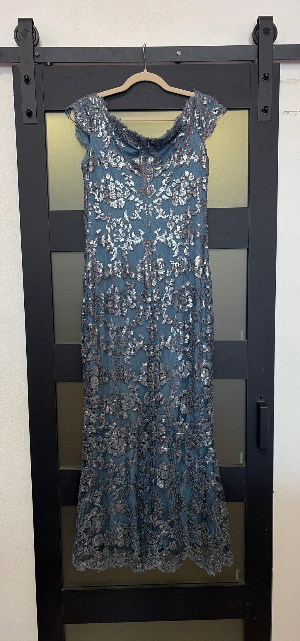 Tadashi Shoji Dusty Blue Sequin Lace Evening Gown