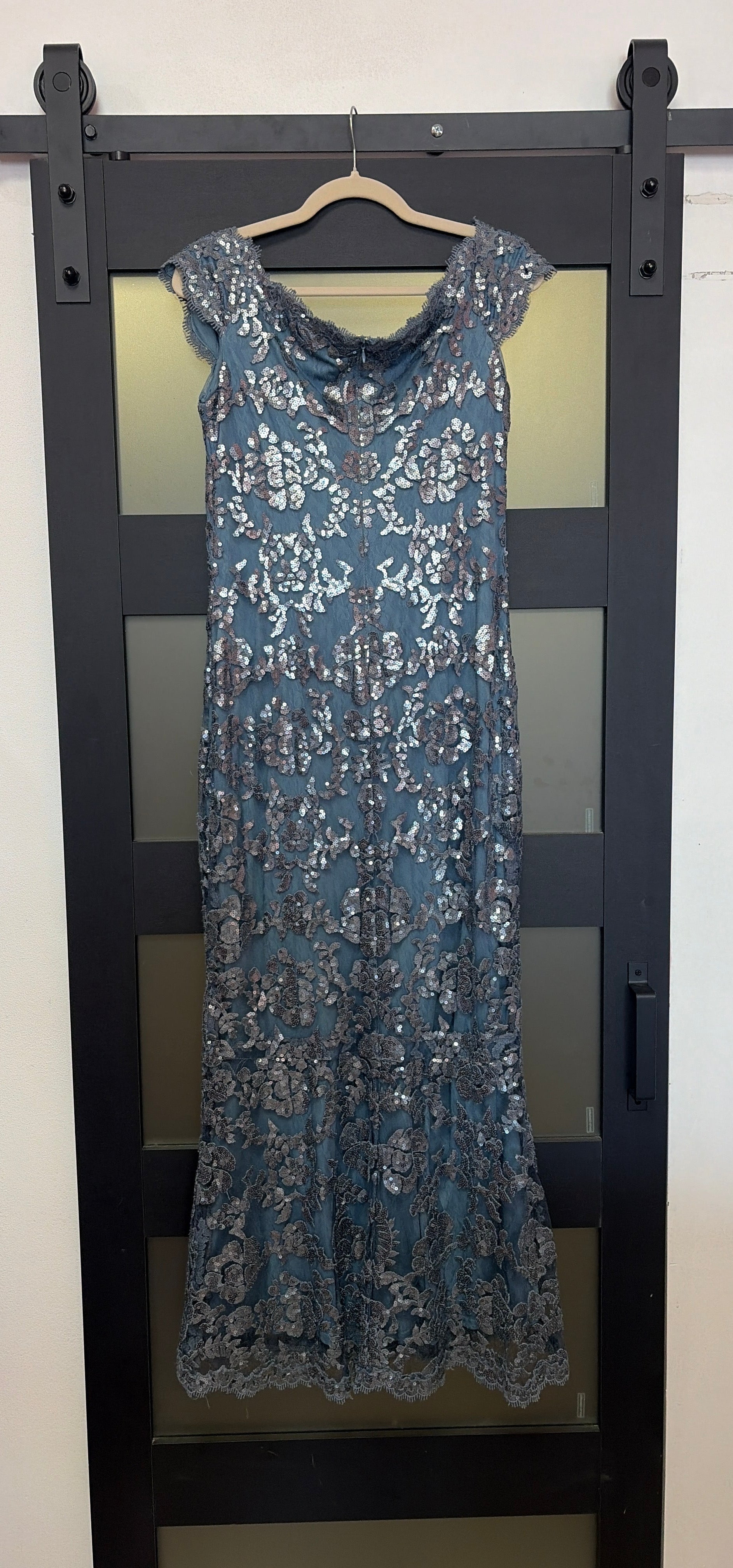 Tadashi Shoji Dusty Blue Sequin Lace Evening Gown