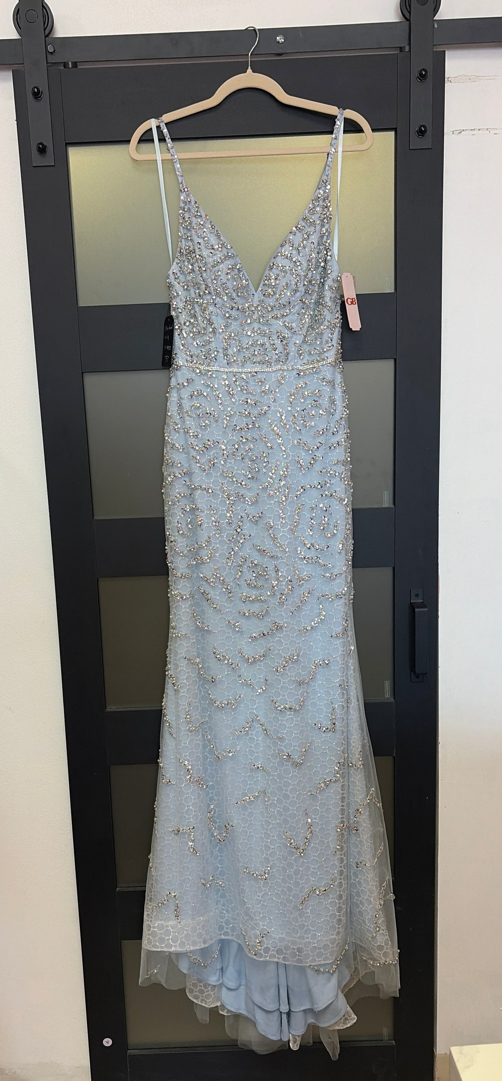 GB Ice Blue Beaded Mermaid Formal Gown
