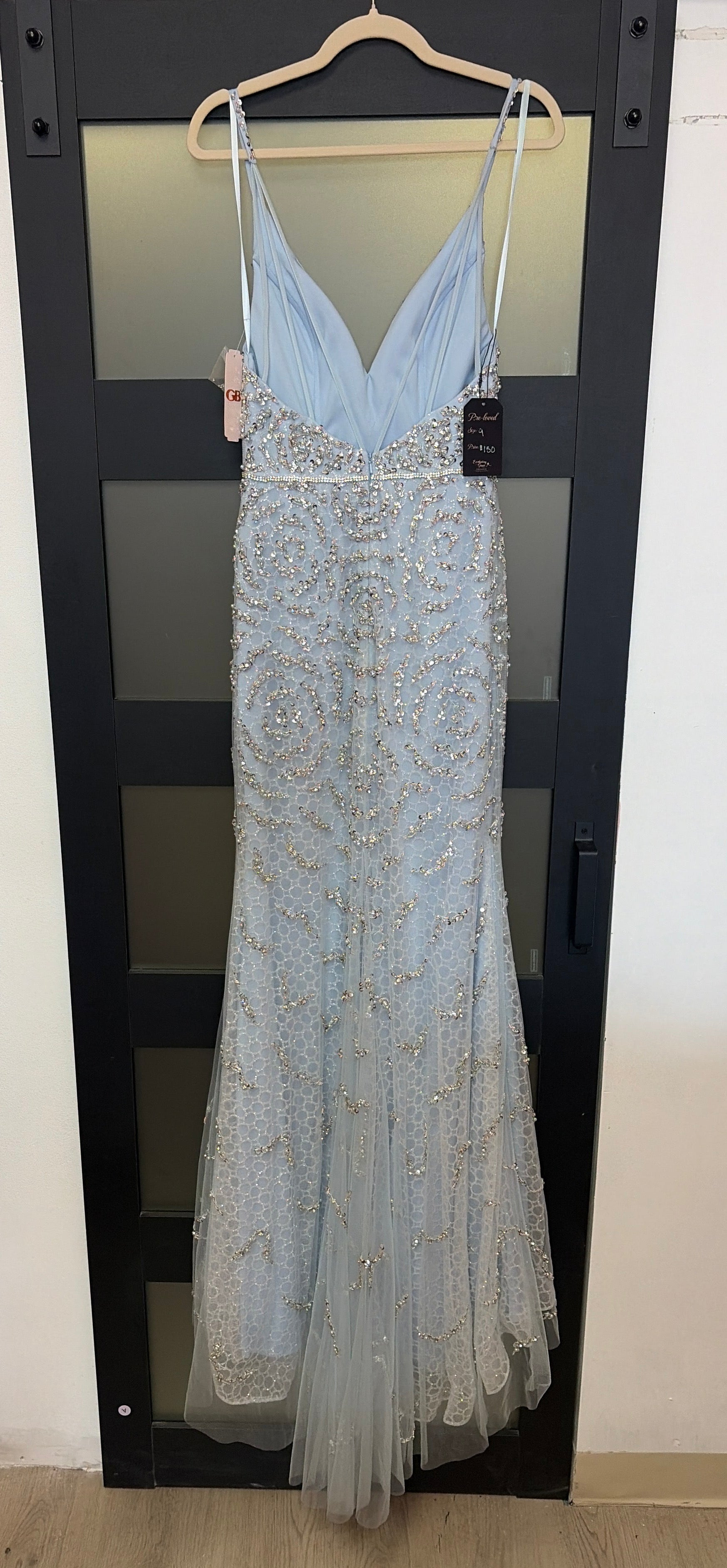 GB Ice Blue Beaded Mermaid Formal Gown