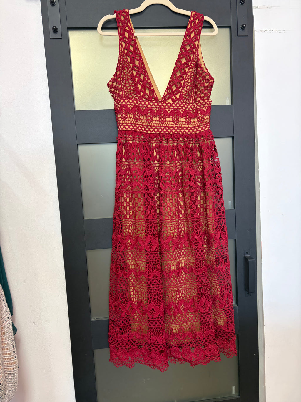 Boohoo Burgundy Crochet Lace Midi Dress