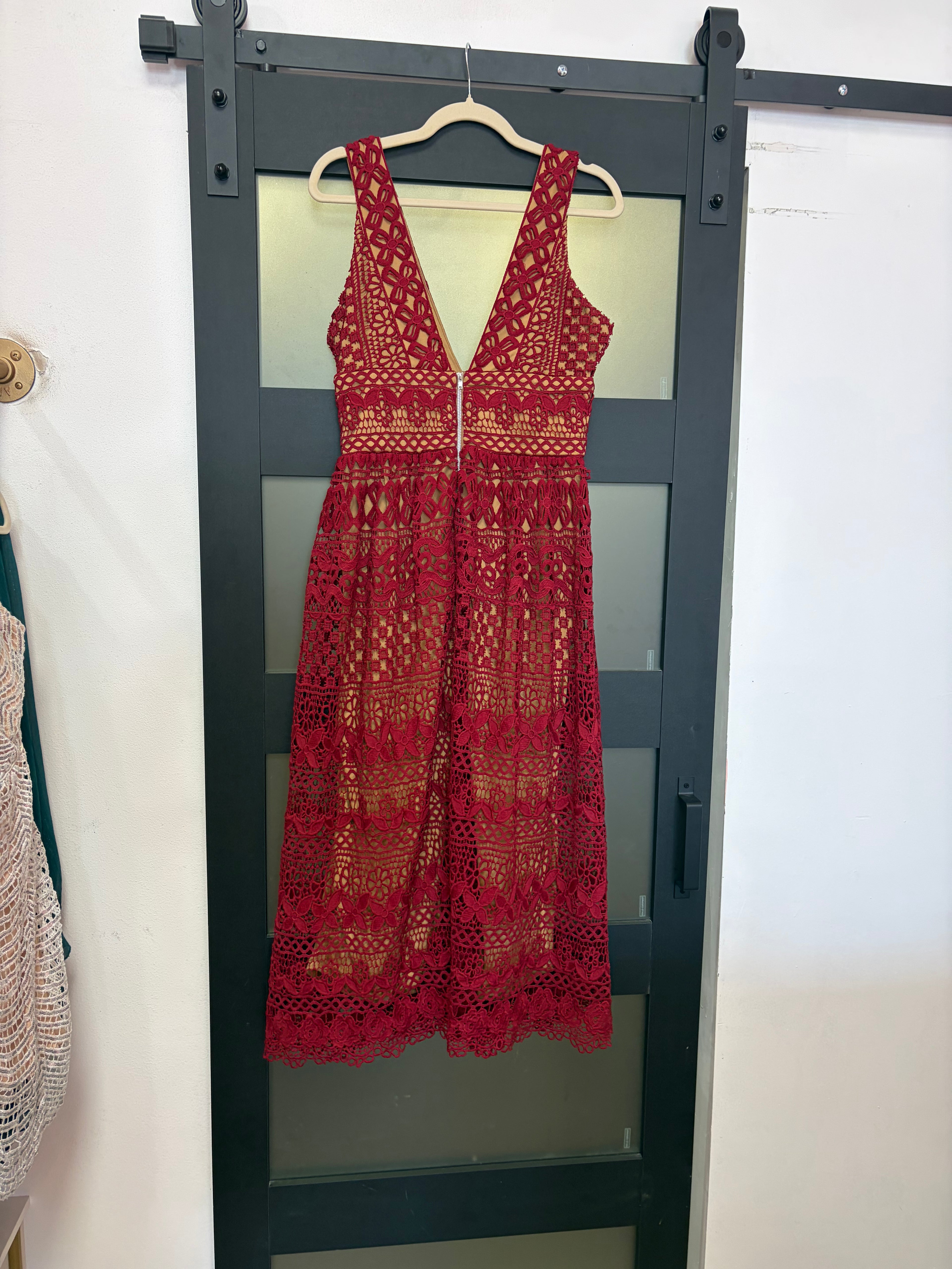 Boohoo Burgundy Crochet Lace Midi Dress