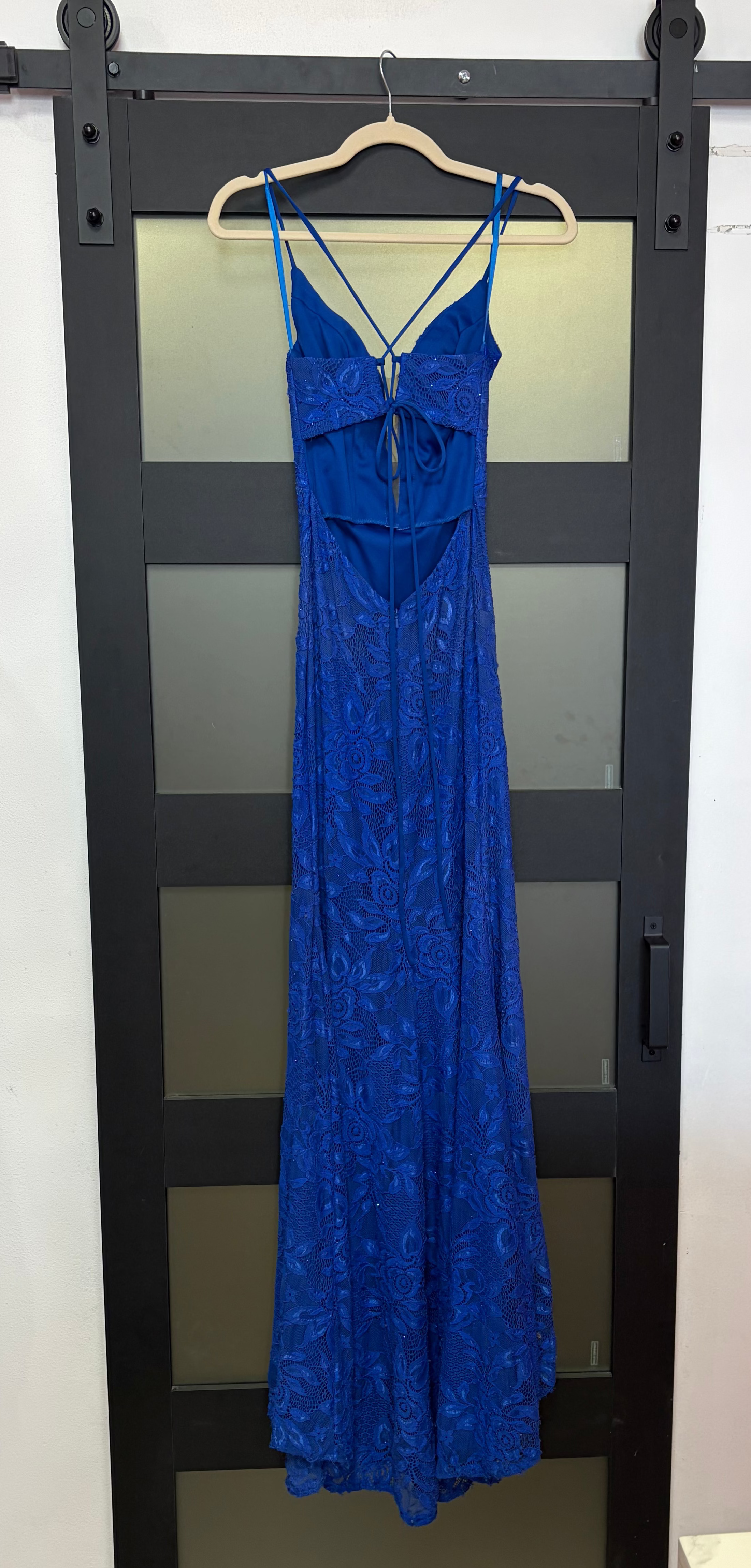 La Femme 31249 Royal Blue Lace Strappy Slit Evening Gown