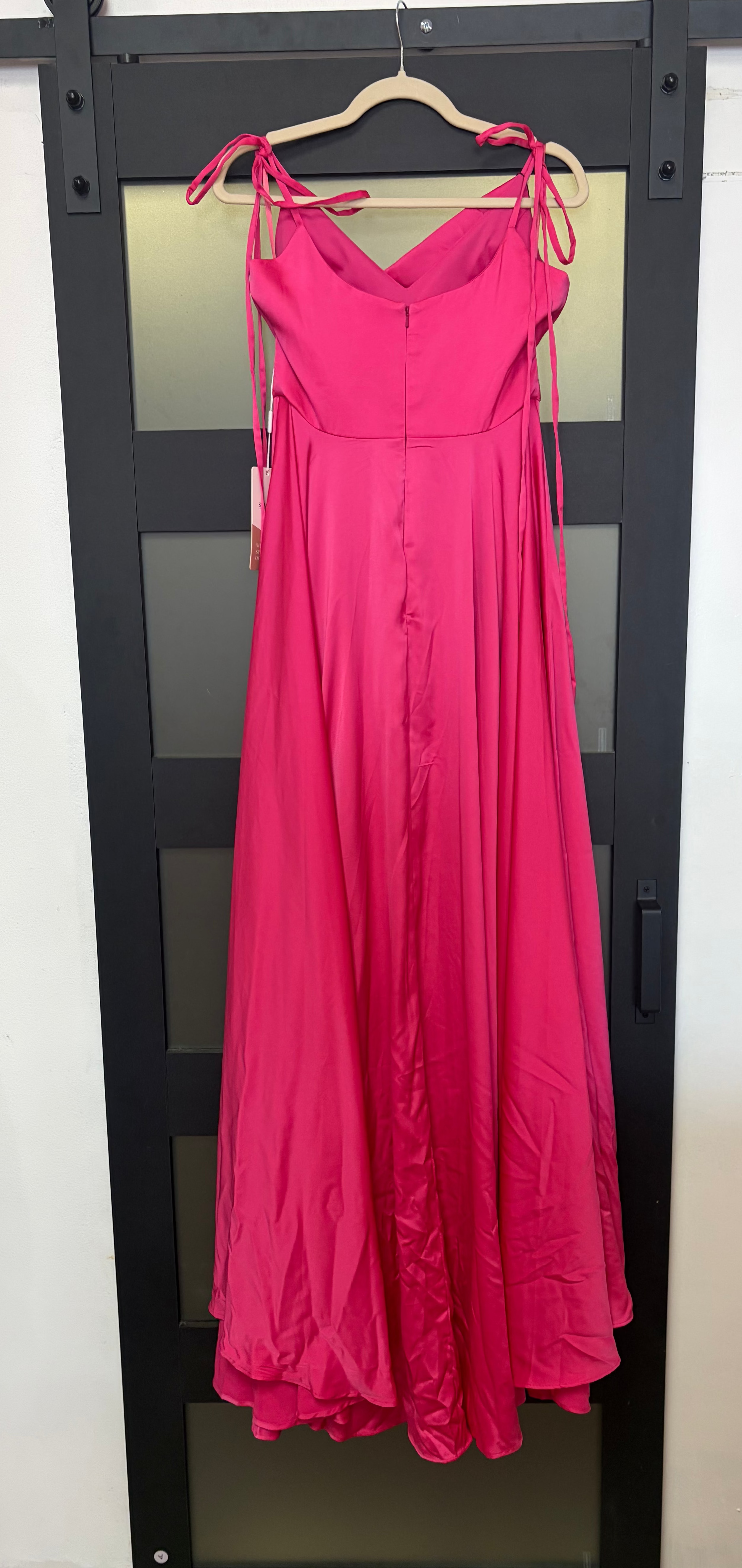 Stacees pink dress with lace up straps on shoulder