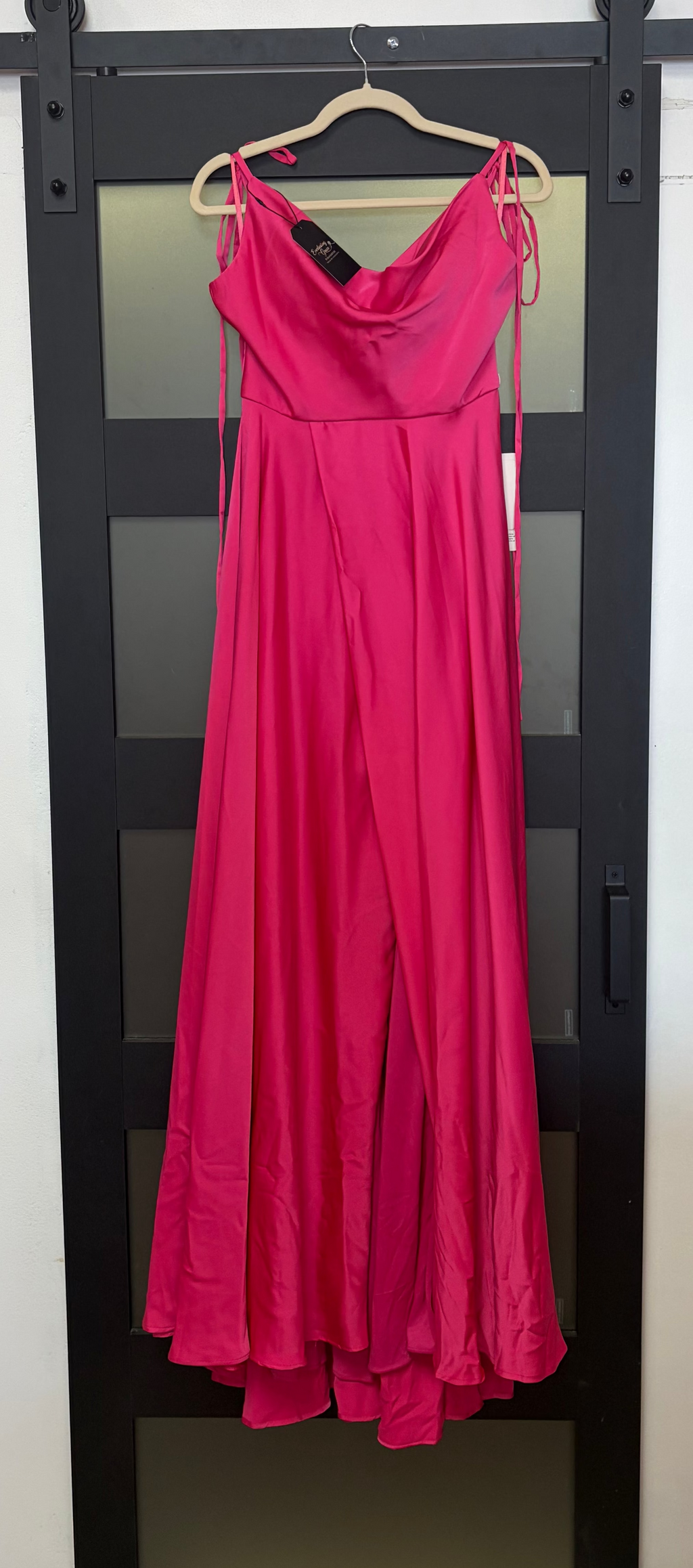 Stacees pink dress with lace up straps on shoulder