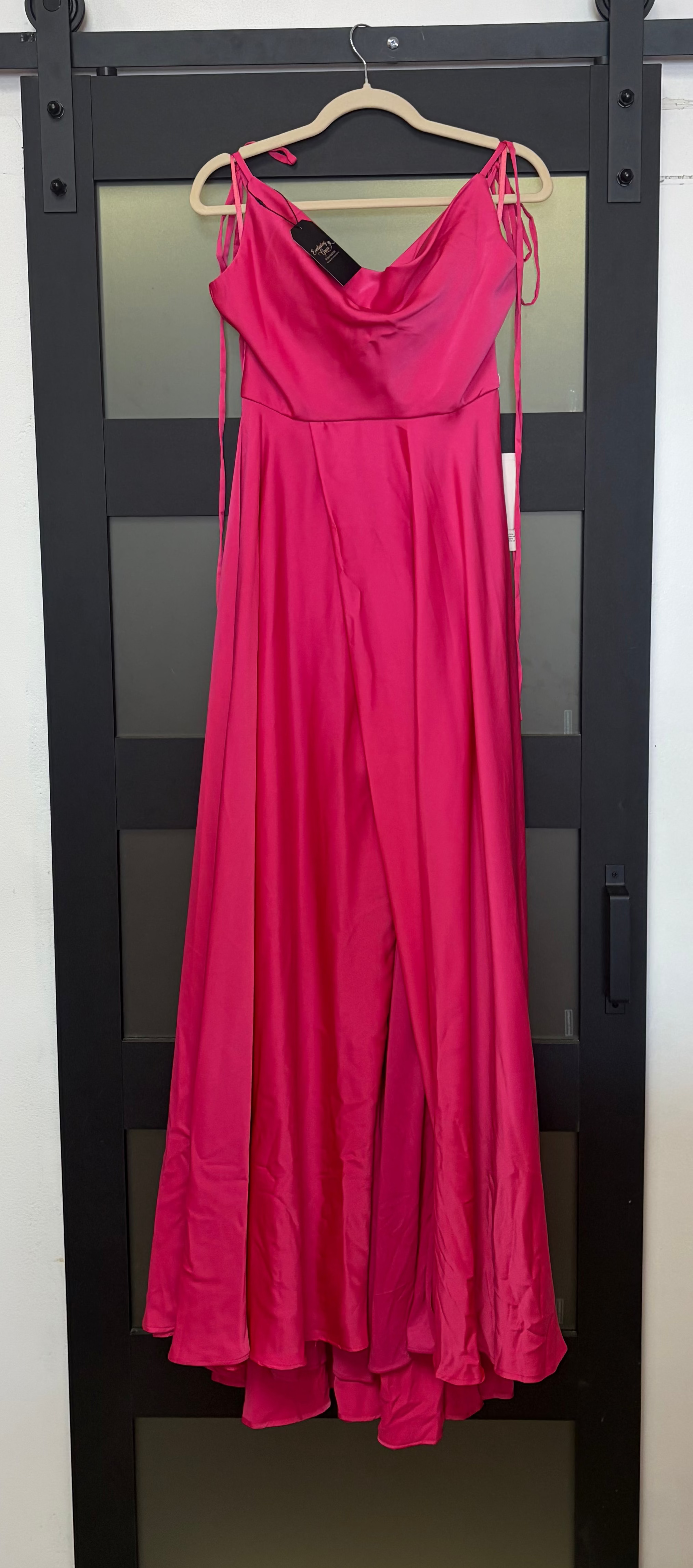 Stacees pink dress with lace up straps on shoulder