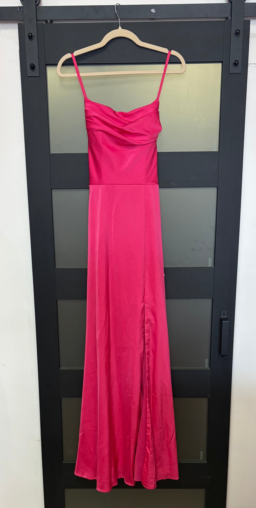 Fuschia Stacees Bridesmaid gown with large bow tie in back