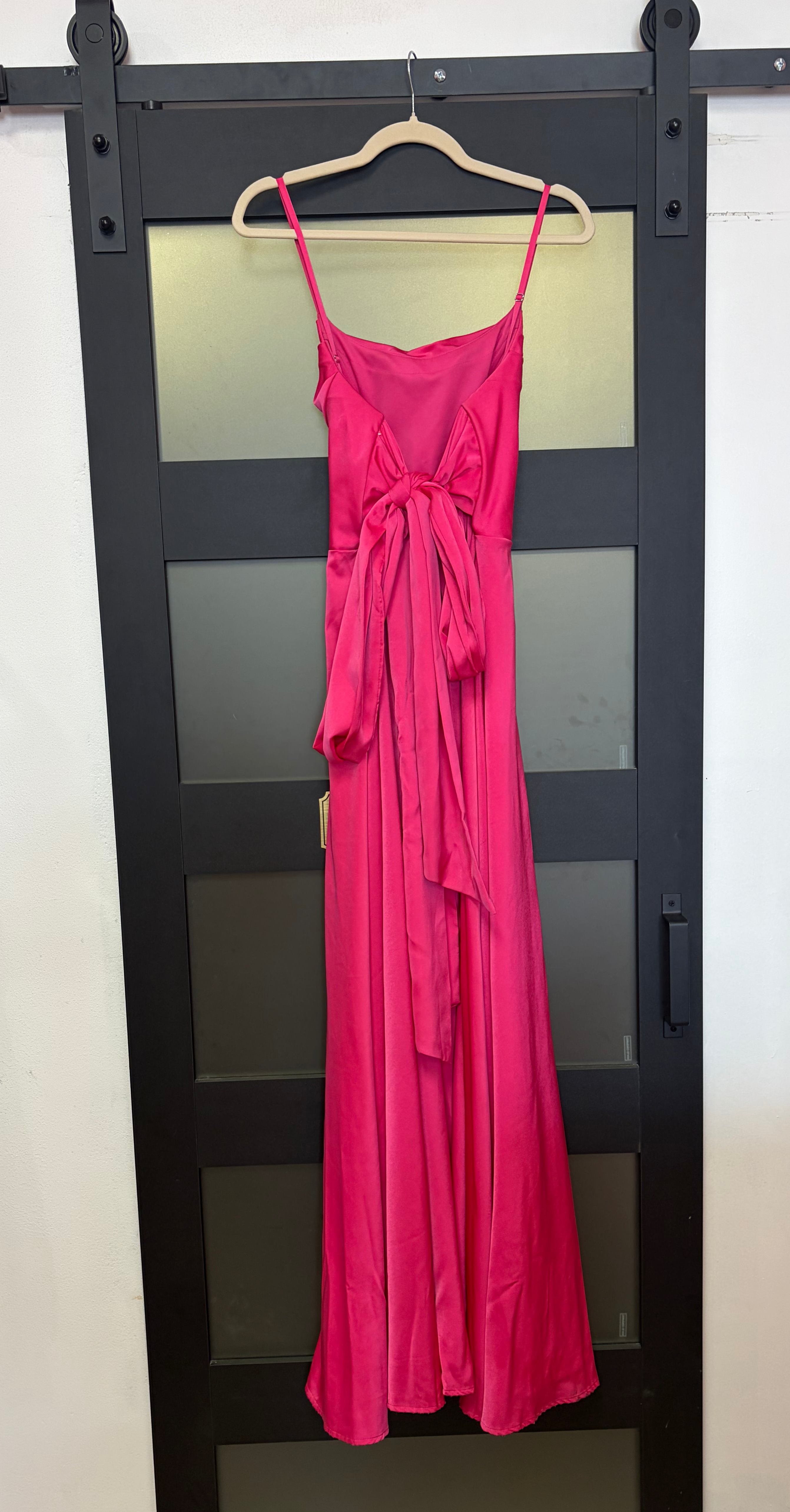 Fuschia Stacees Bridesmaid gown with large bow tie in back