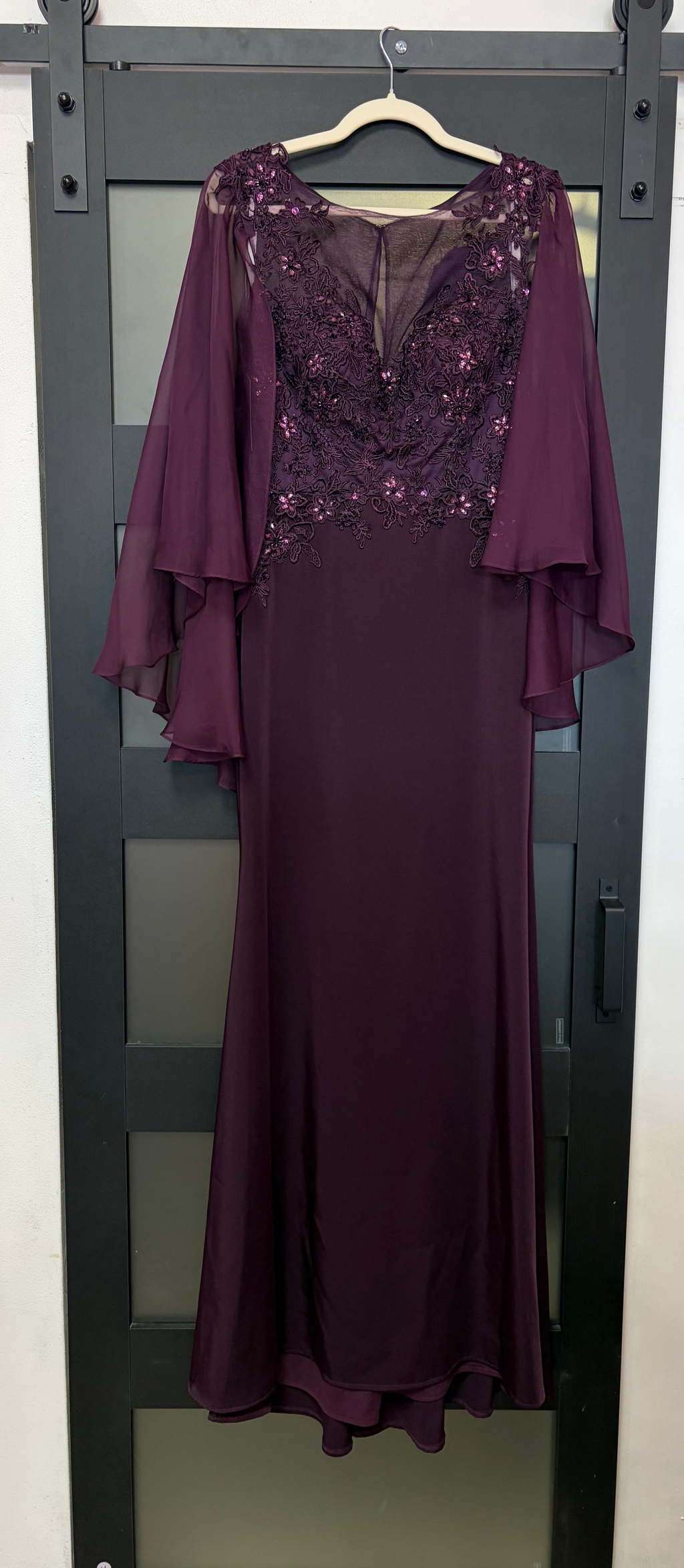 Cameron Blake 217638 Plum Beaded Cape Sleeve Evening Gown