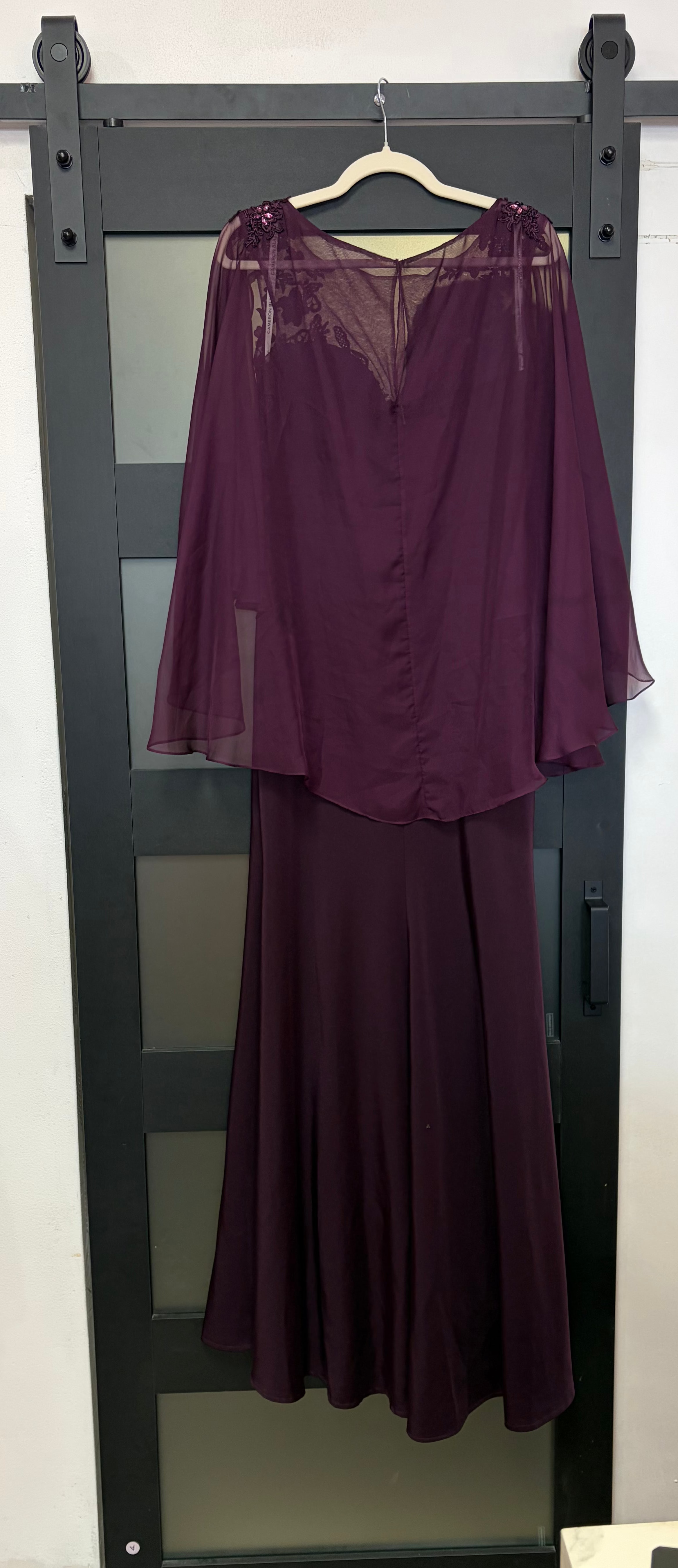 Cameron Blake 217638 Plum Beaded Cape Sleeve Evening Gown