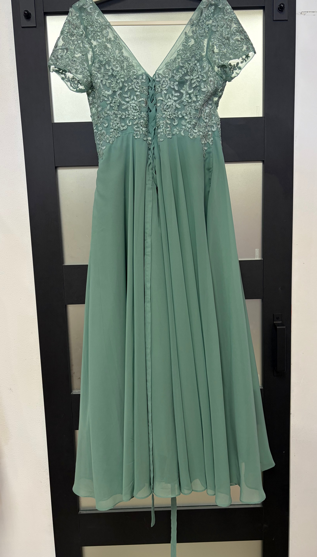 Sage Green Beaded Lace Chiffon A-Line Formal Gown