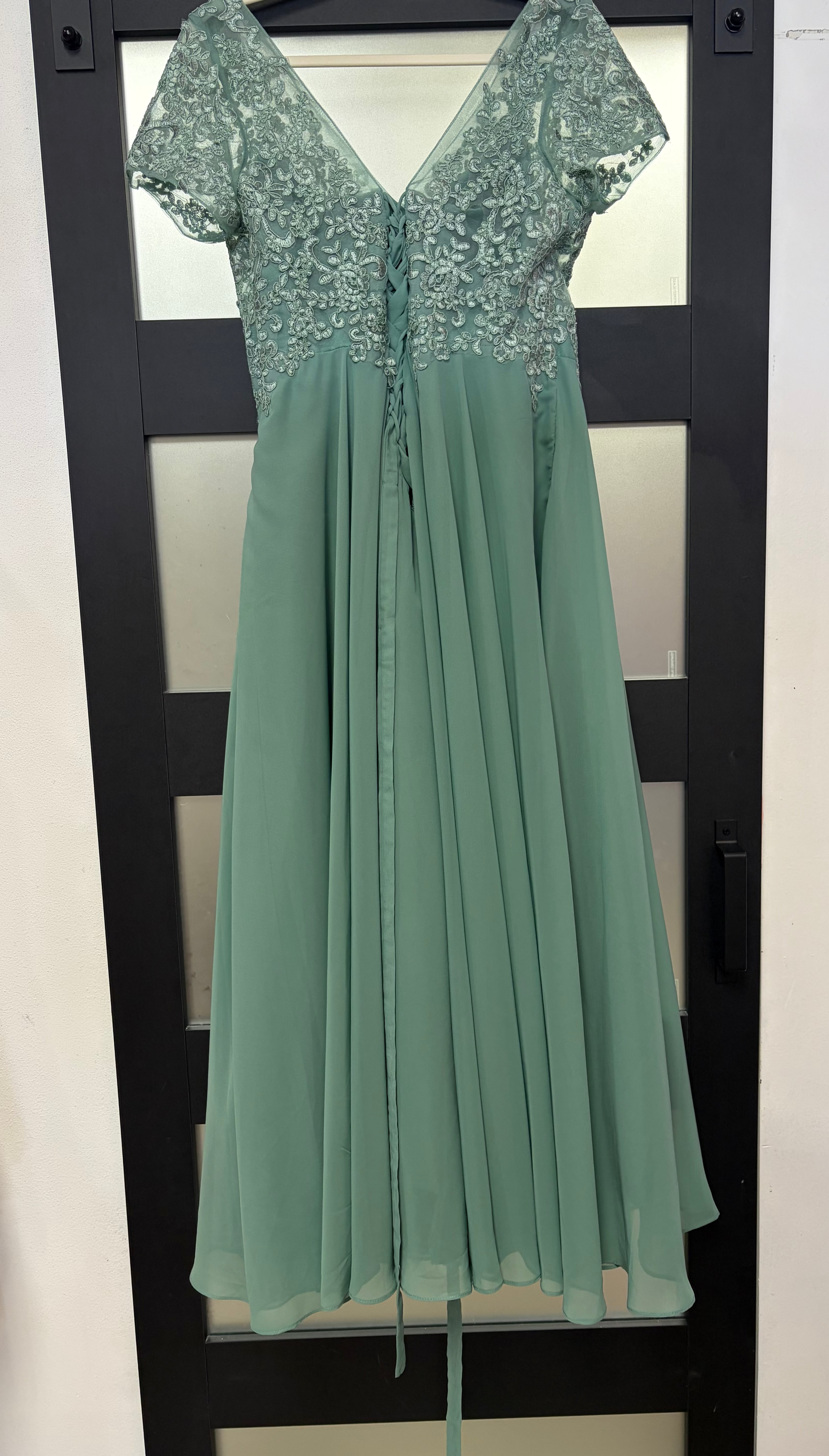 Sage Green Beaded Lace Chiffon A-Line Formal Gown