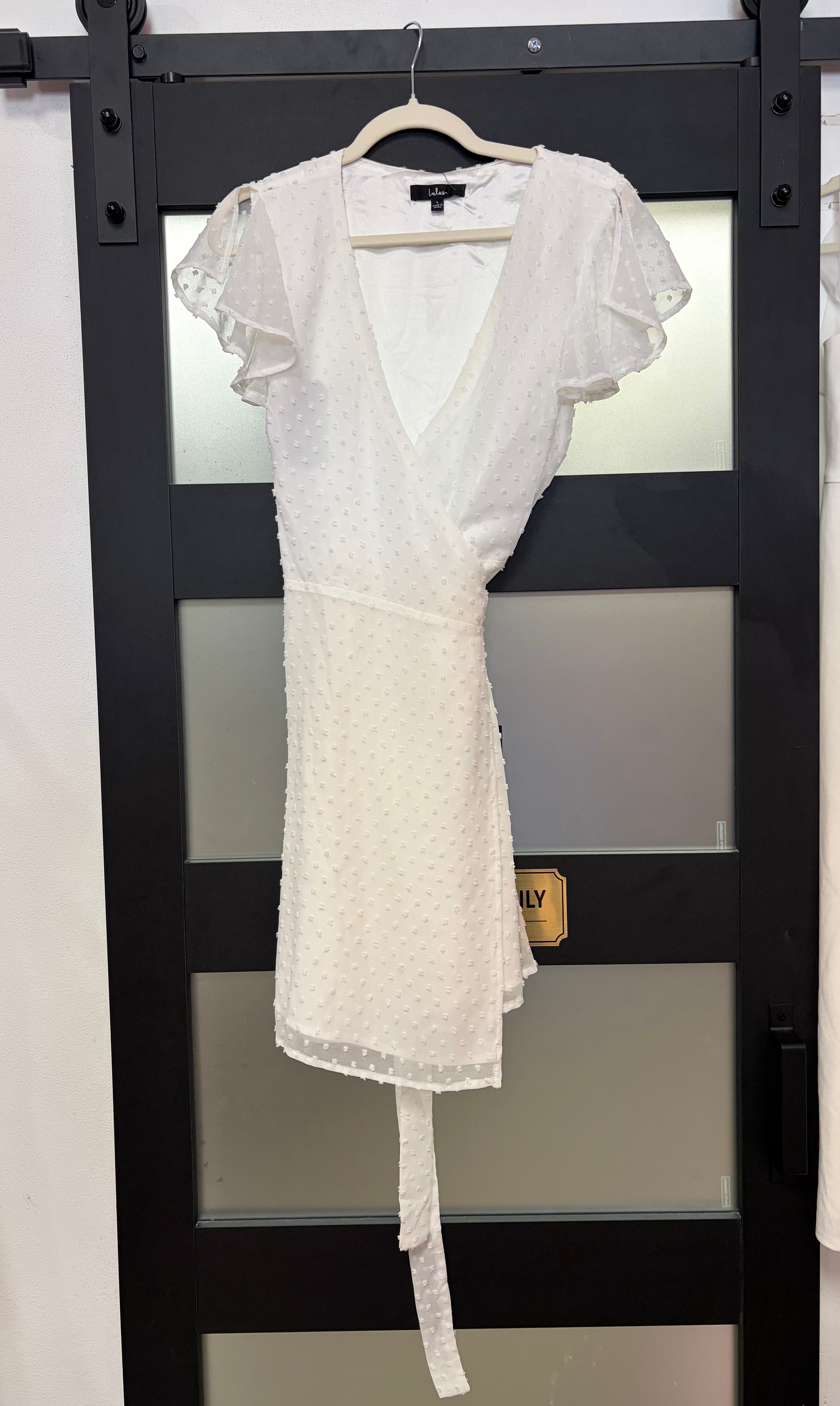 Lulus Ivory Swiss Dot Flutter Sleeve Wrap Dress