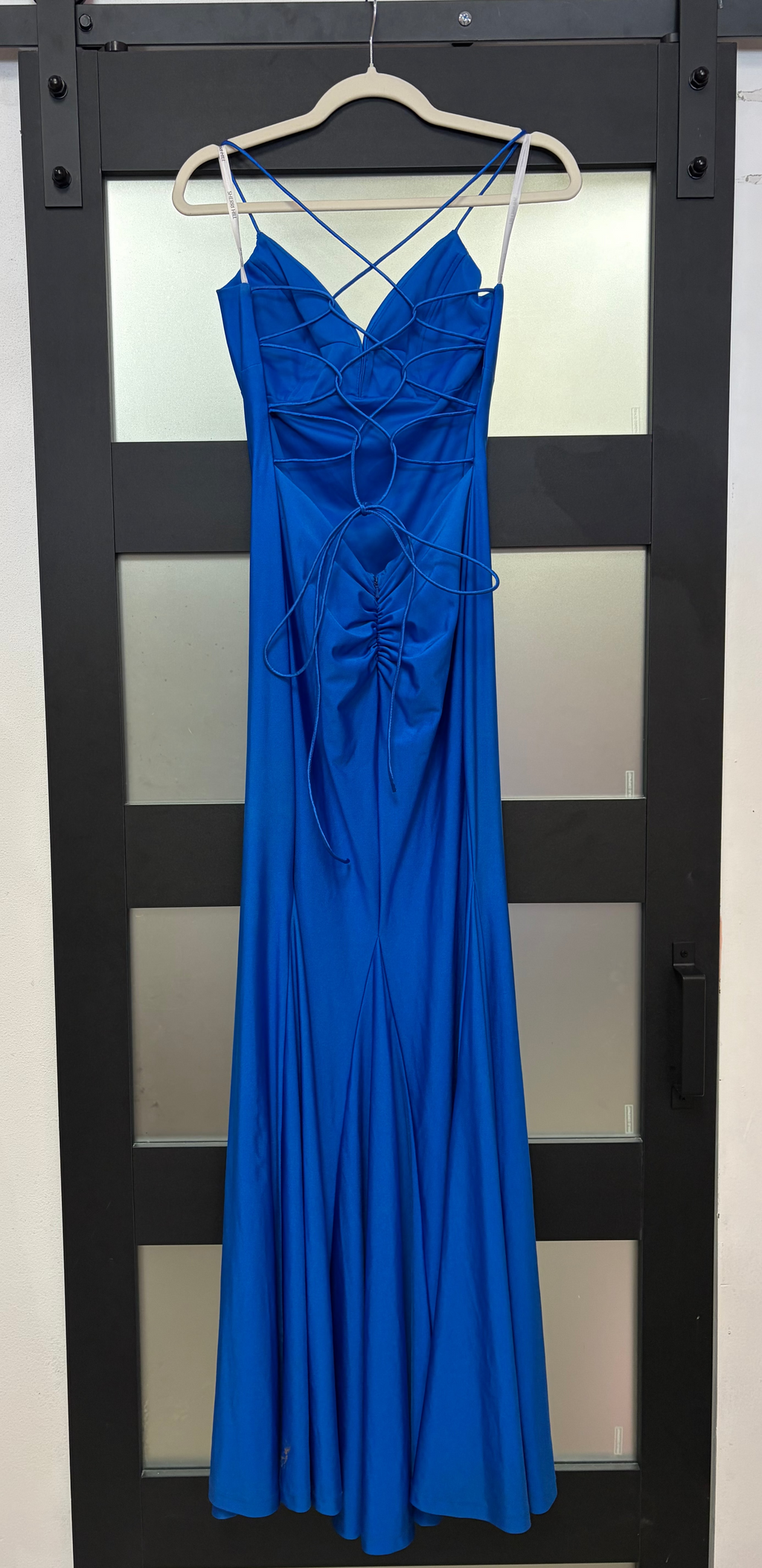 Sherri Hill Royal Blue Strappy Open Back Jersey Gown