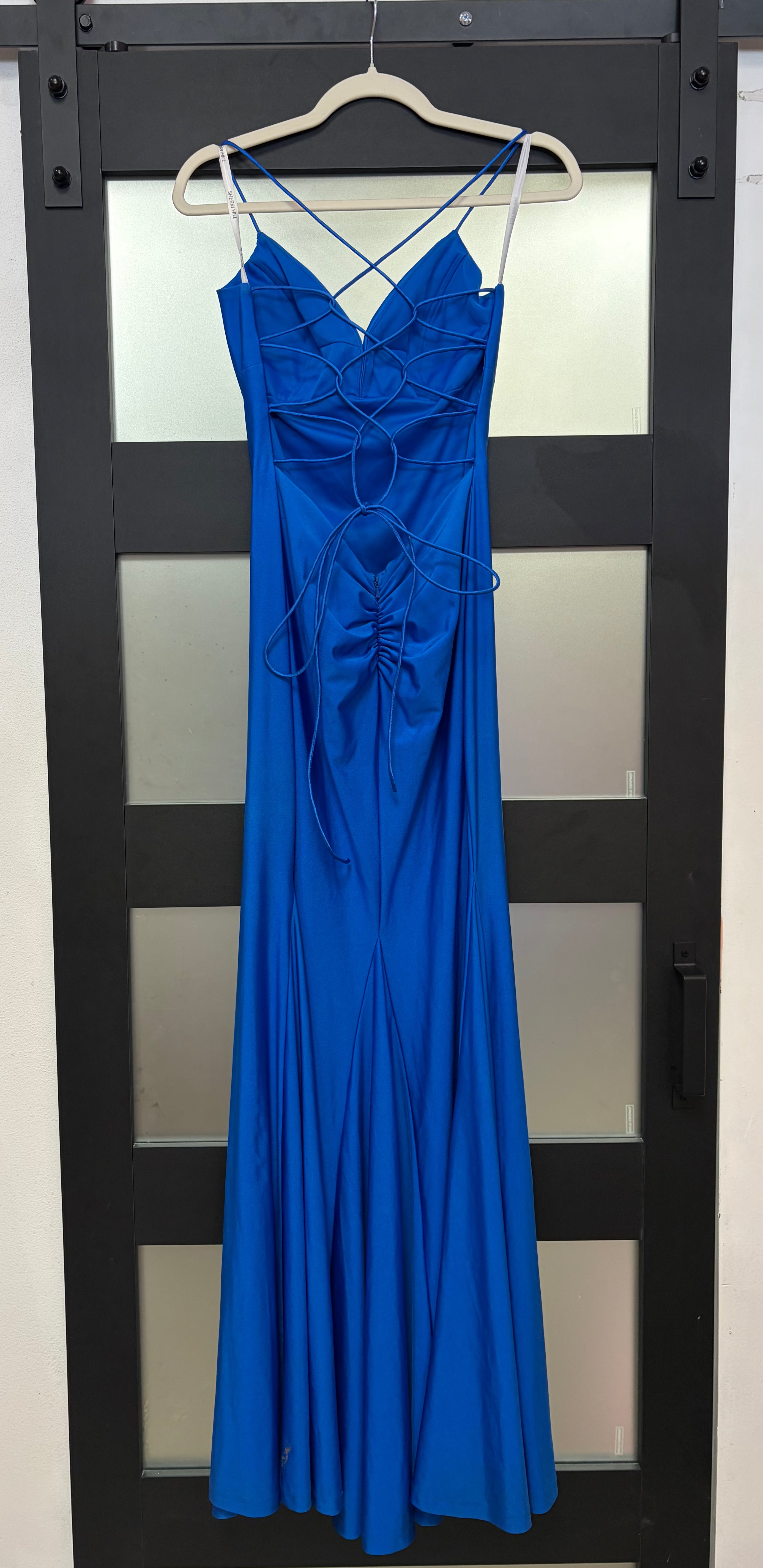 Sherri Hill Royal Blue Strappy Open Back Jersey Gown